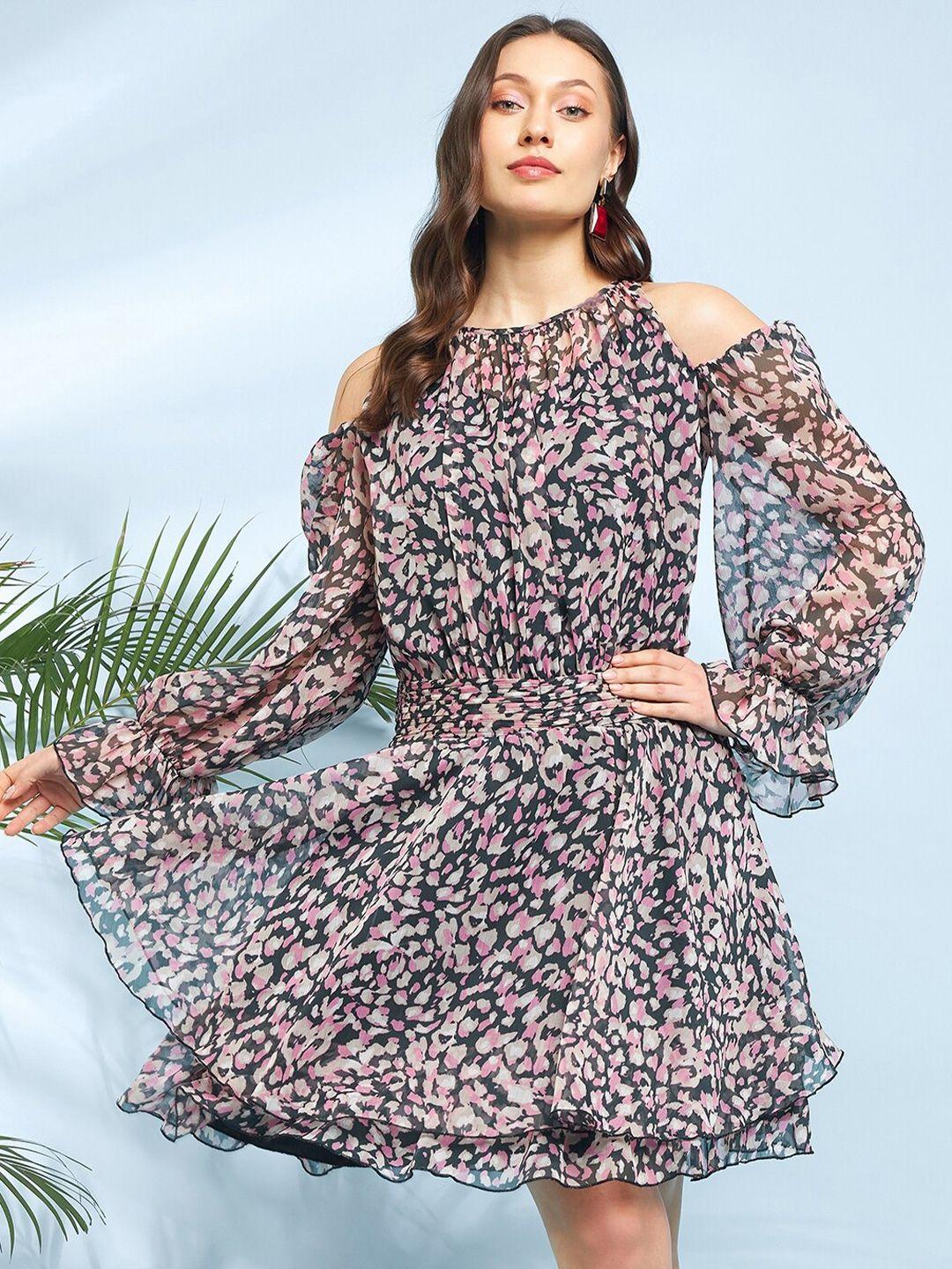 antheaa black  pink animal printed cold-shoulder blouson dress