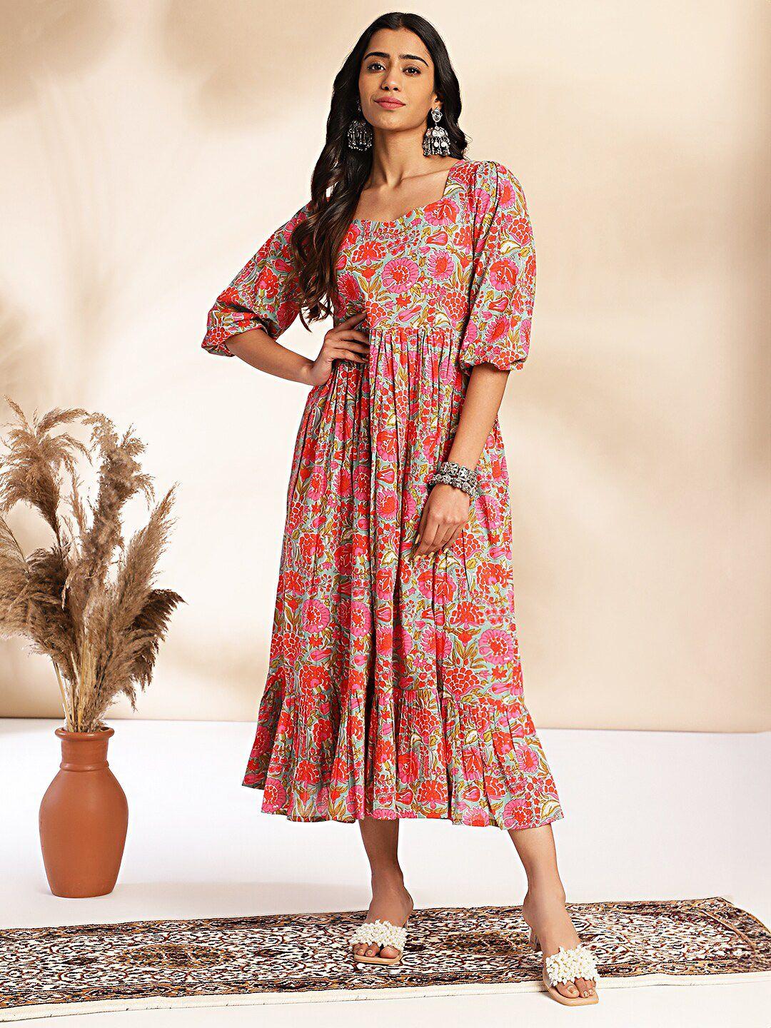 janasya round neck flared sleeves cotton floral print a-line midi dress