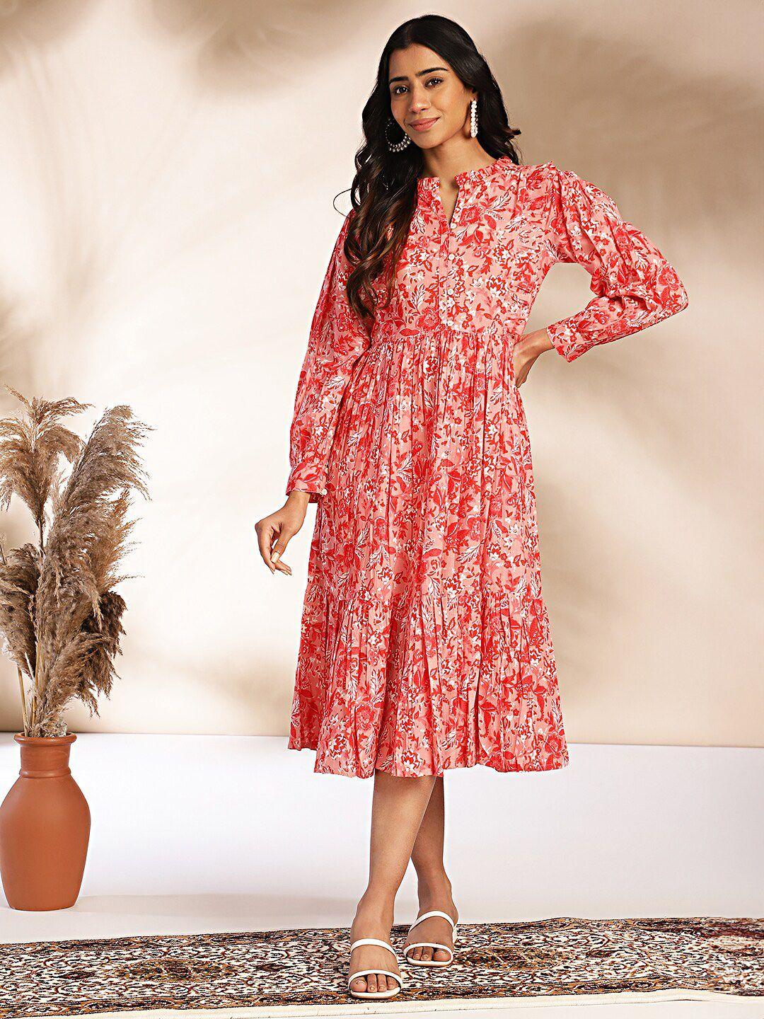 janasya mandarin collar floral print long puff sleeve ruffled maxi dress