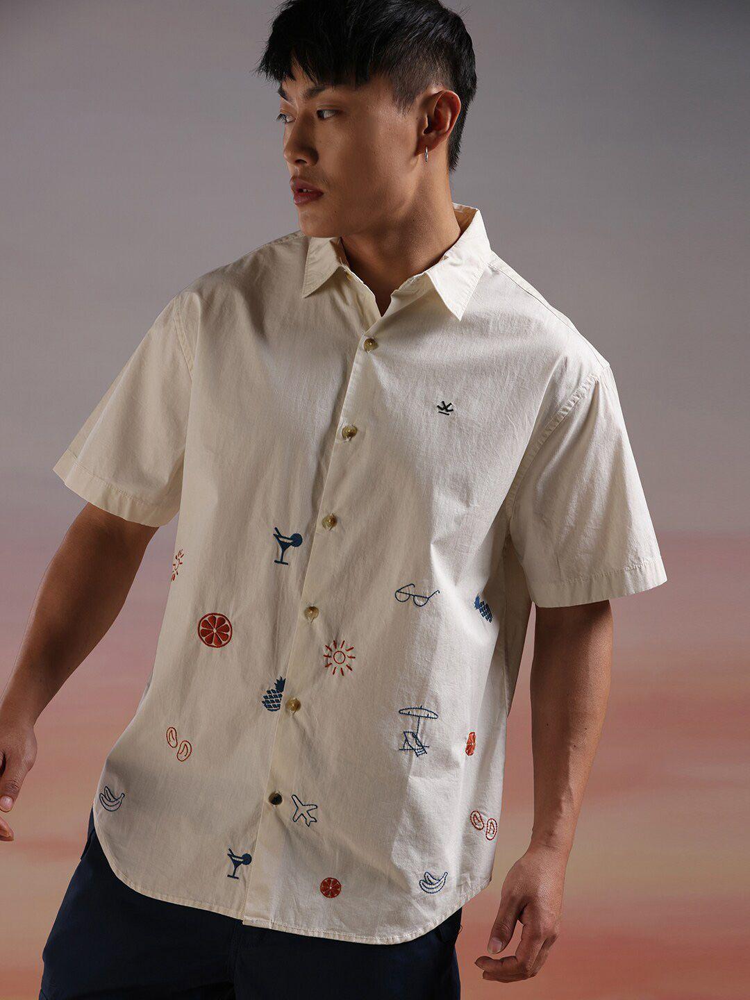 wrogn conversational printed opaque acrylic casual shirt