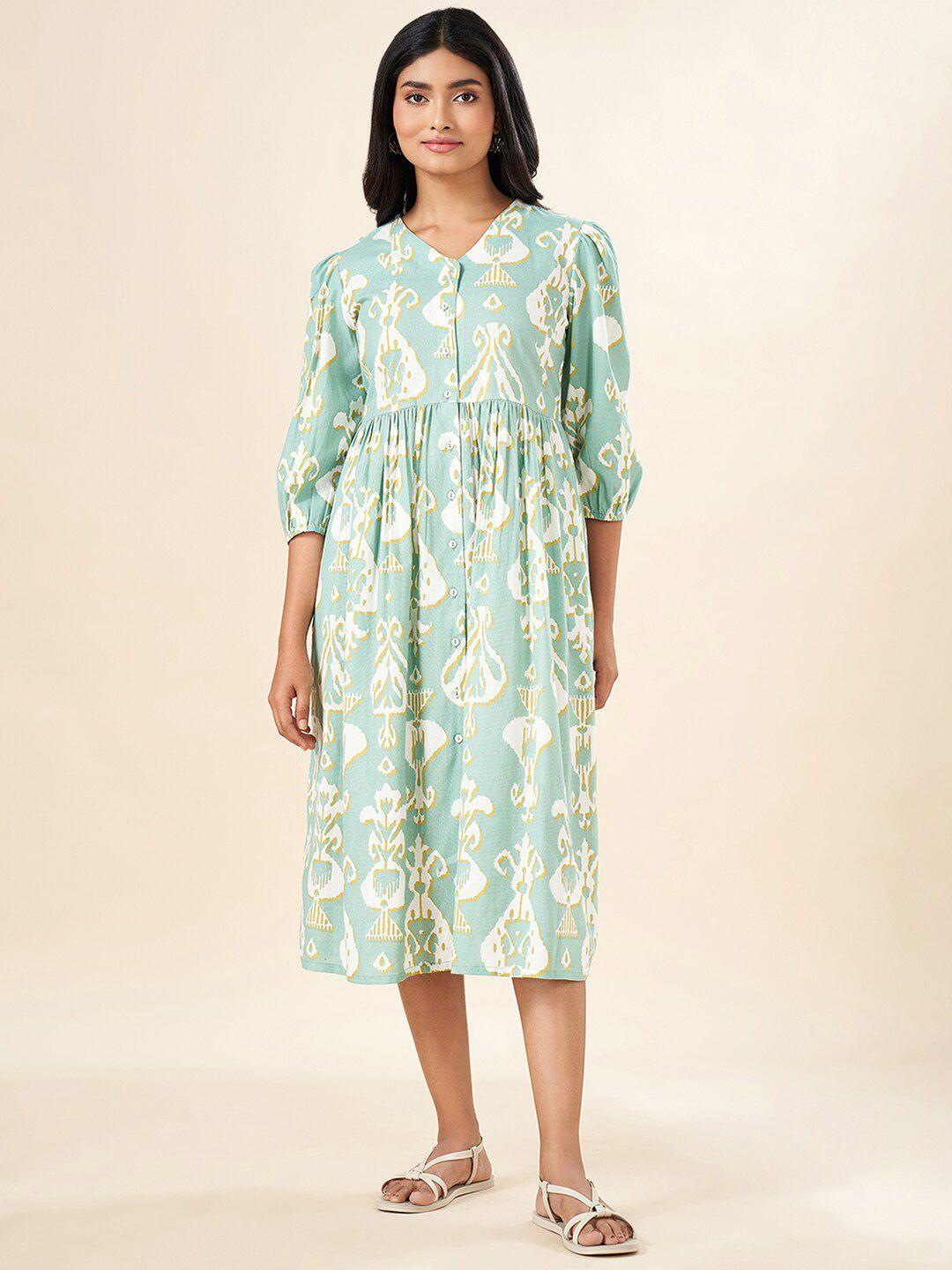 akkriti by pantaloons ethnic motifs printed cotton puff sleeve fit & flare midi dress