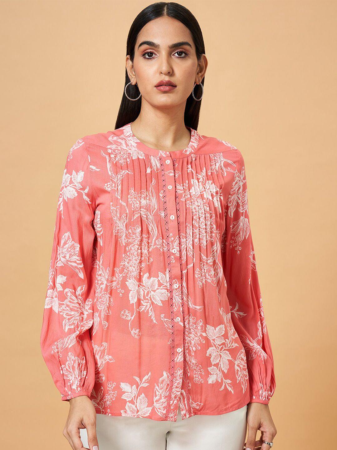 marigold lane floral printed mandarin collar cuffed sleeves shirt style top