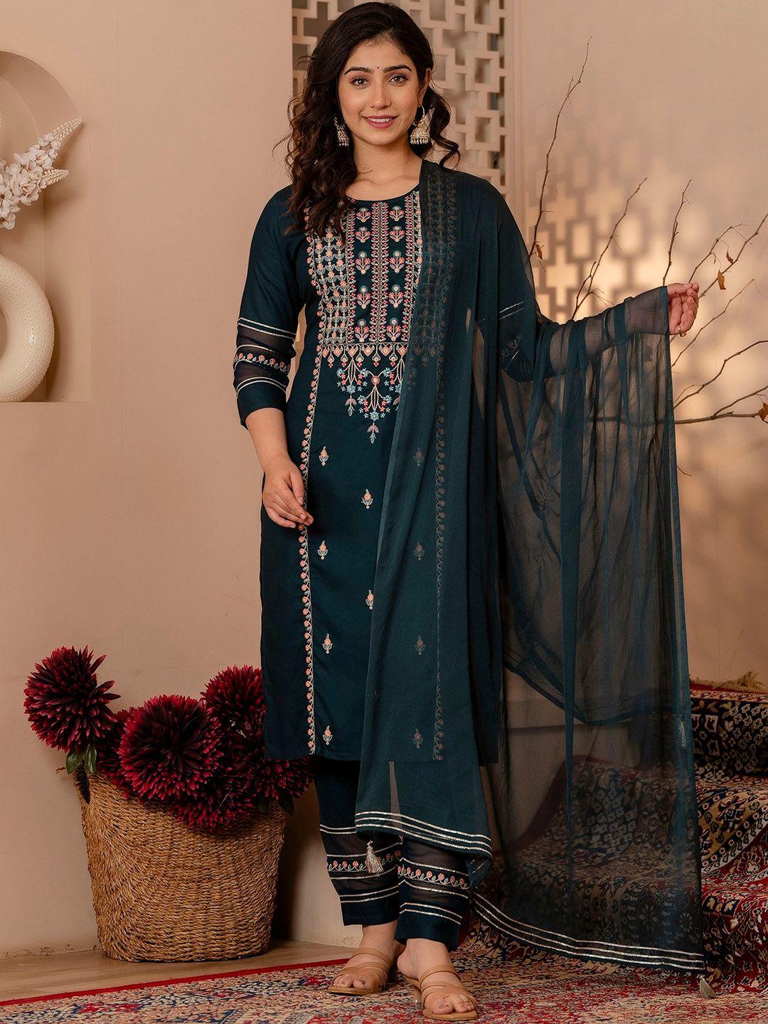 charu women ethnic motifs embroidered regular thread work kurta with trousers & with dupatta