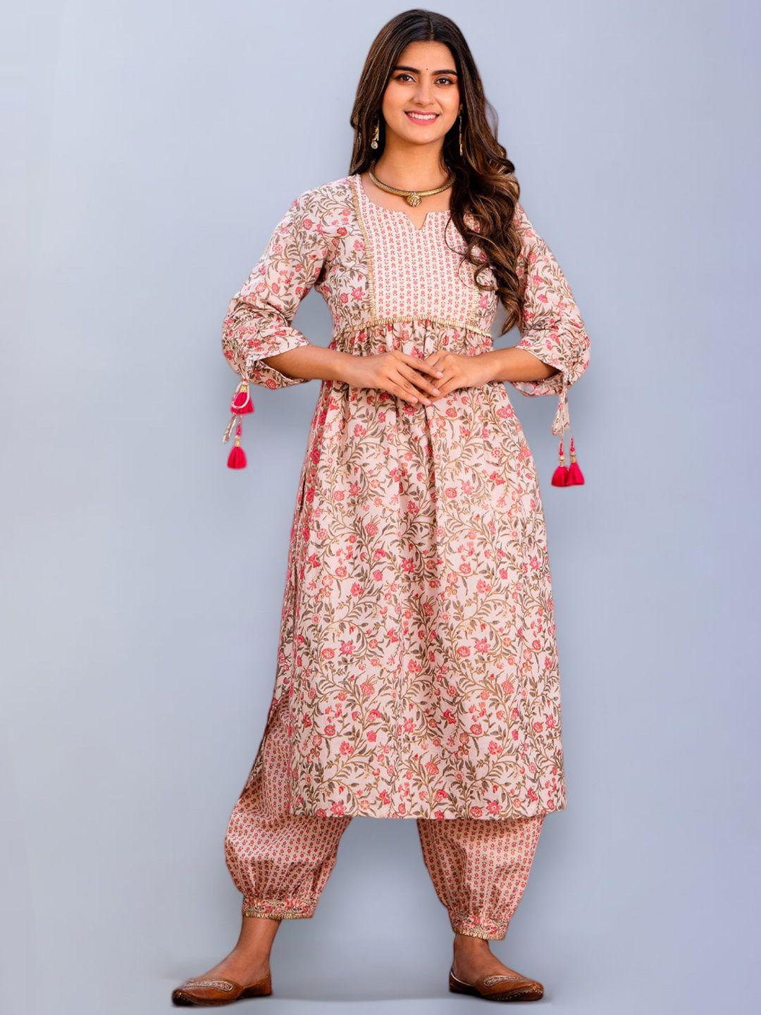 artizenweaves floral printed empire gotta patti pure cotton kurta with salwar & dupatta