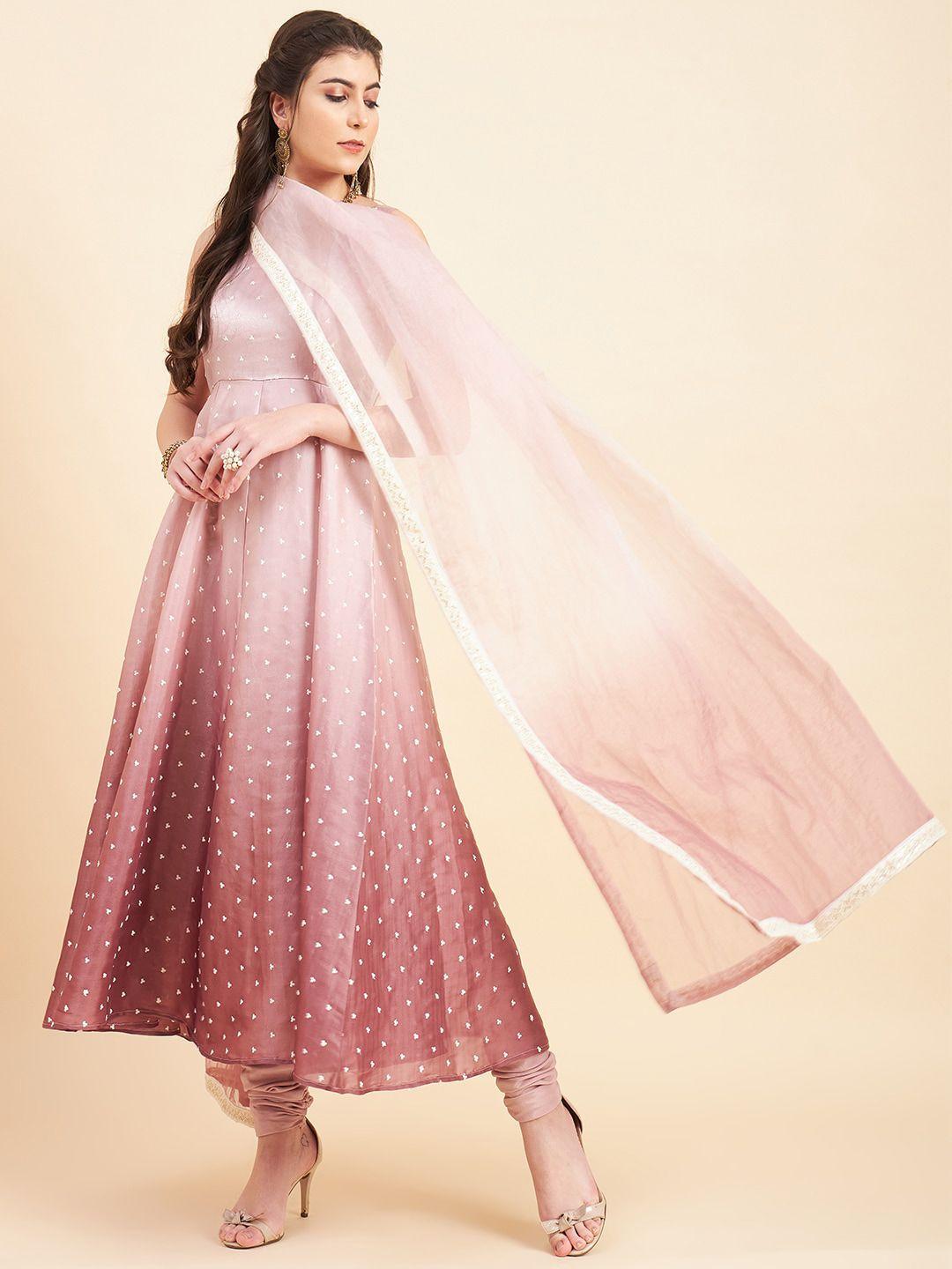 adornia embroidered empire sequinned silk crepe kurta with churidar & with dupatta