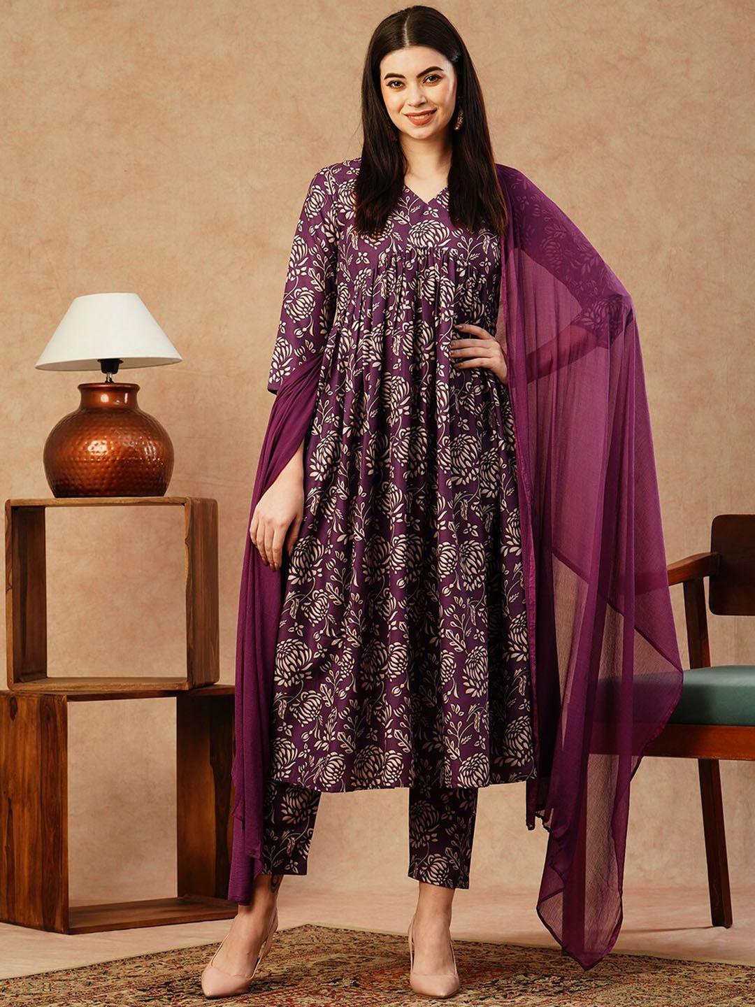 kalini women ethnic motifs printed pleated kurta with trousers & with dupatta