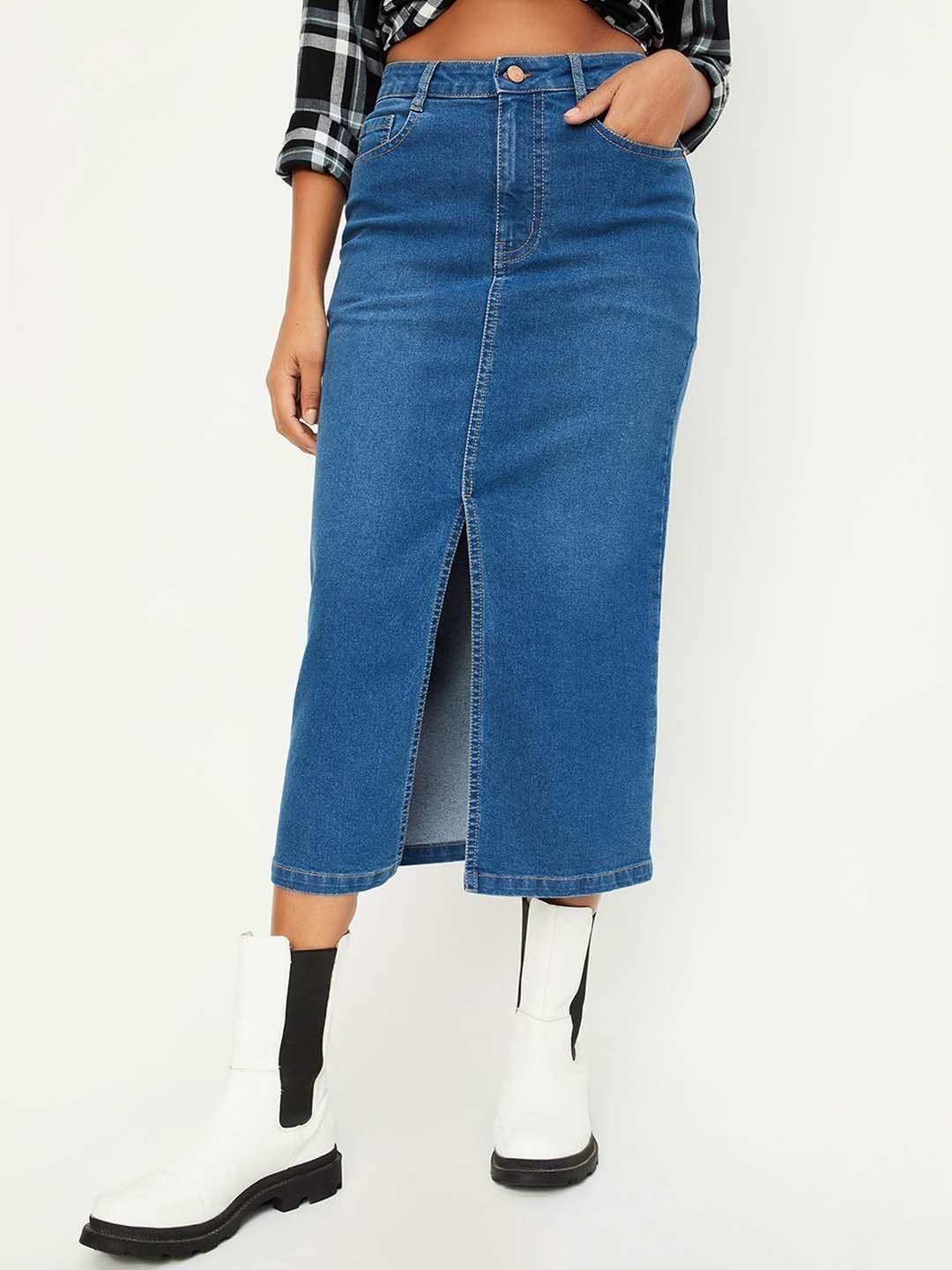 max women washed midi pencil denim skirt