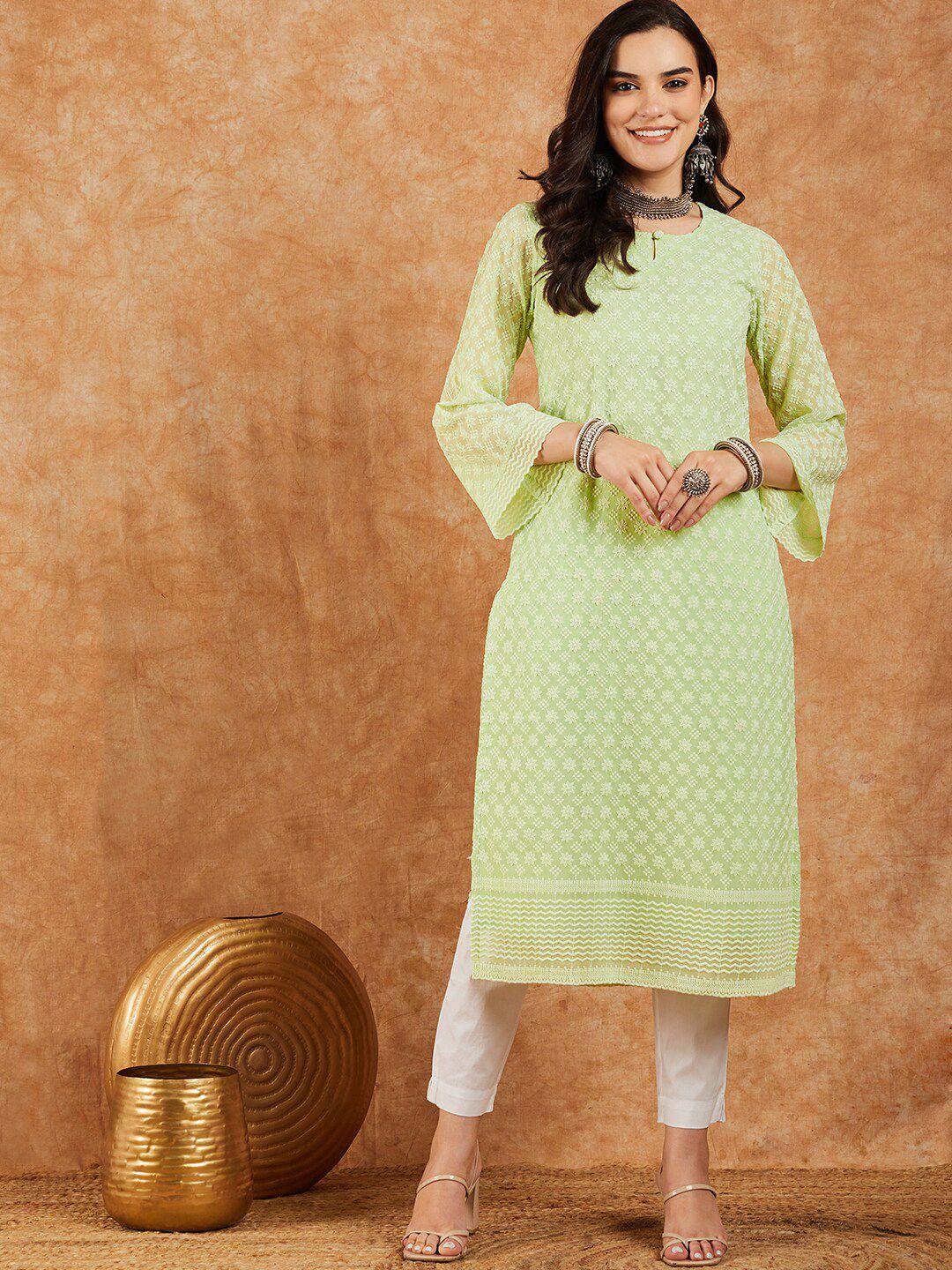 sangria lime green floral embroidered keyhole neck flared sleeves staright kurta