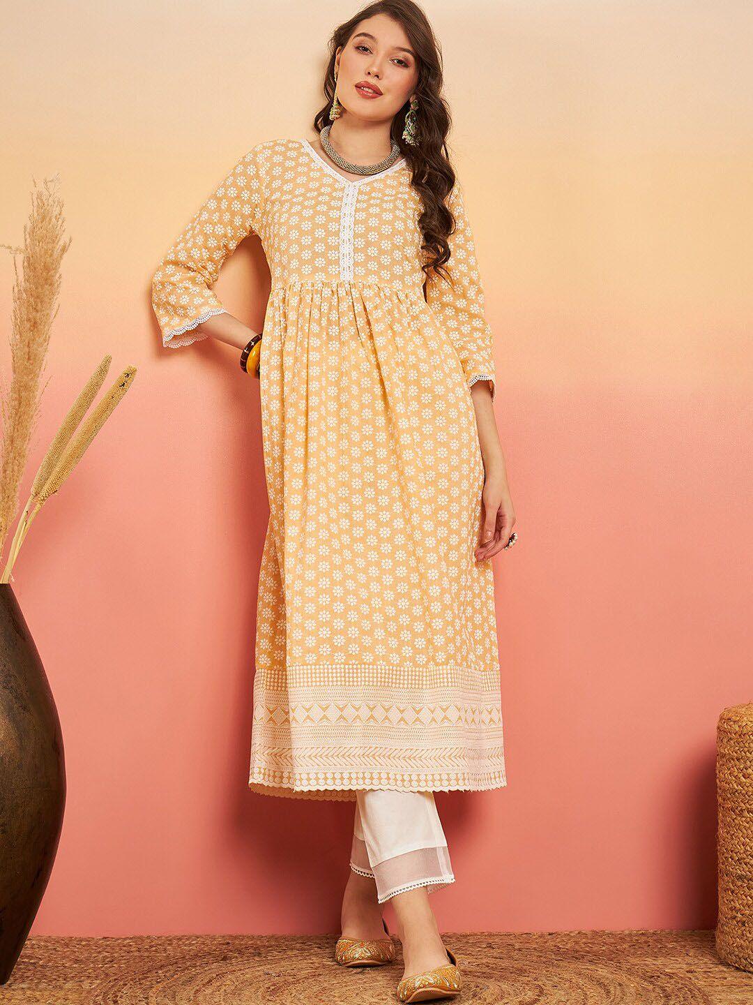 sangria yellow floral embroidered v-neck cotton pleated a-line kurta