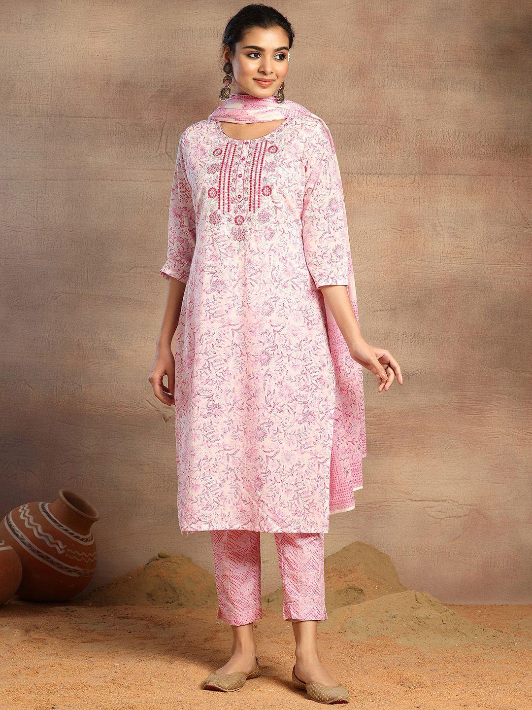 rang by indya women floral printed regular pure cotton kurta with trousers & with dupatta