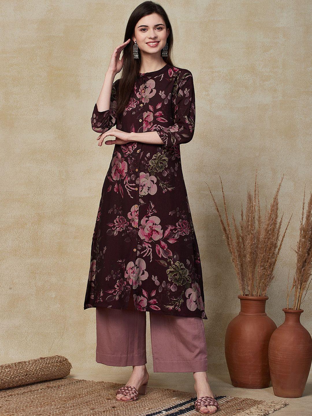 fashor floral printed band collar kurta