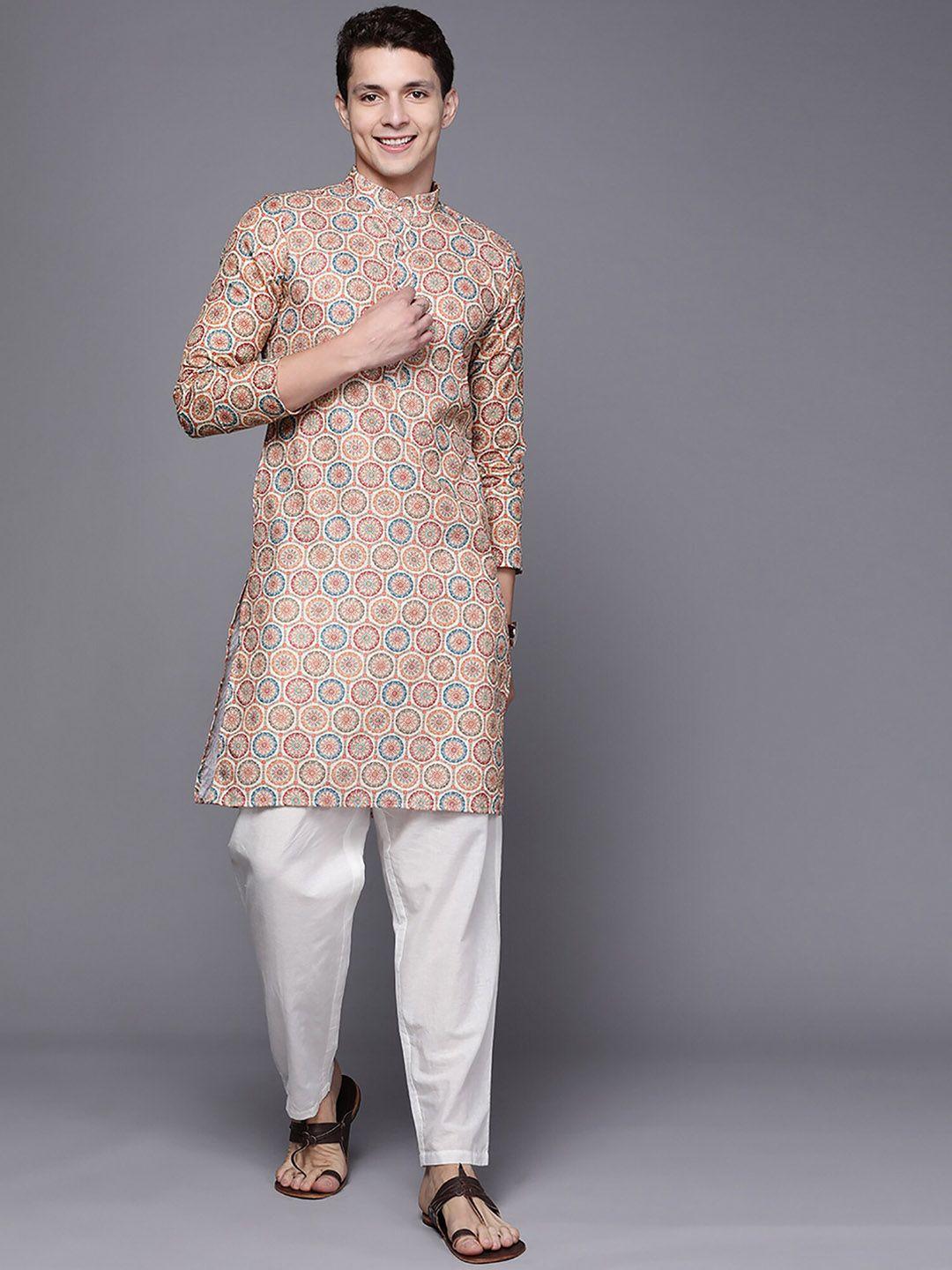 indo era peach & red ethnic motifs printed cotton straight kurtas