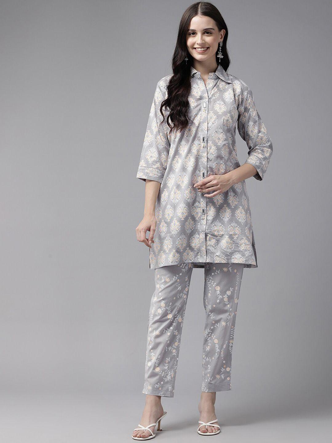 baesd floral printed shirt collar pure cotton straight kurta with trousers