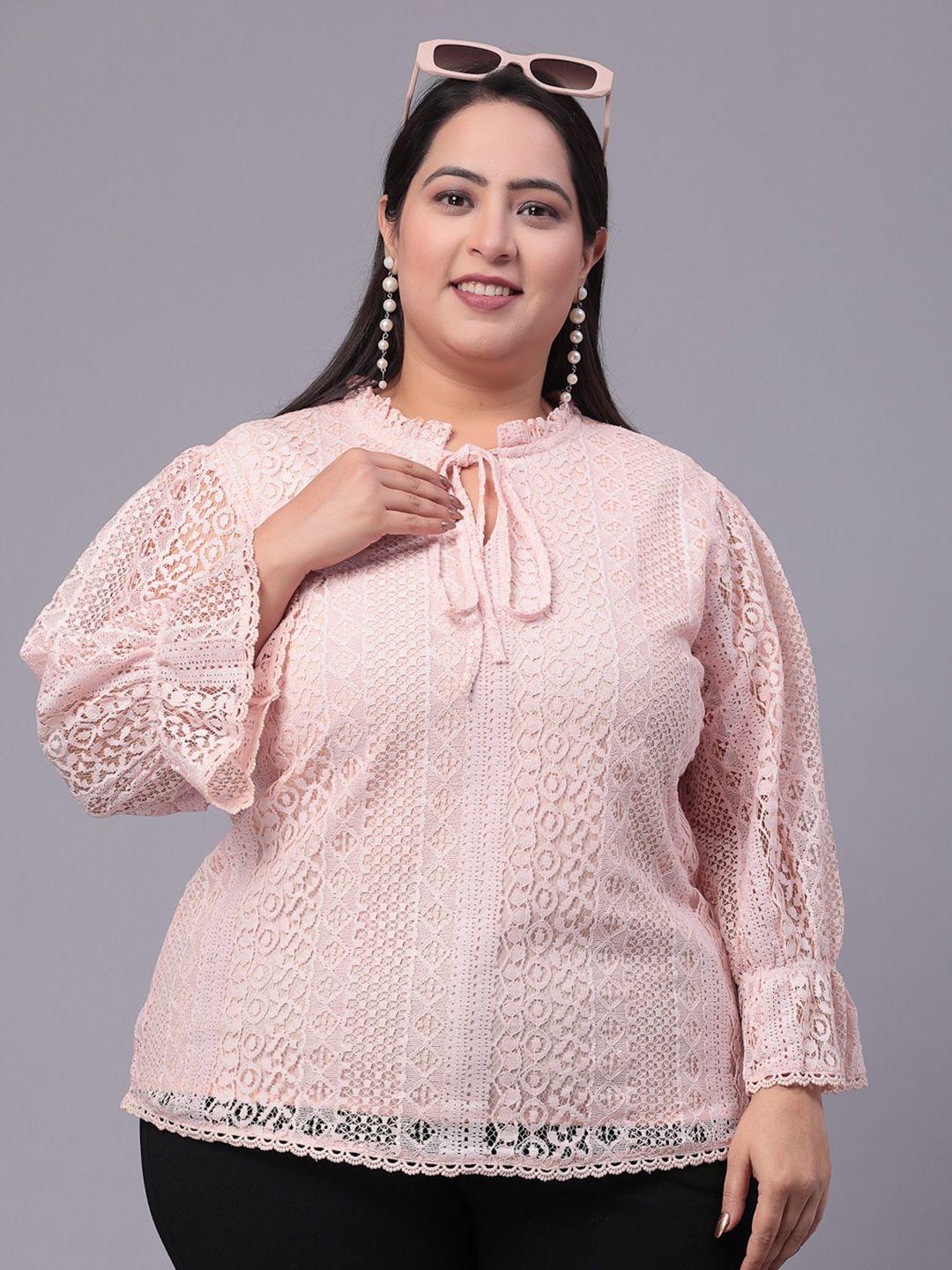 style quotient plus size tie-up neck puff sleeve cotton top