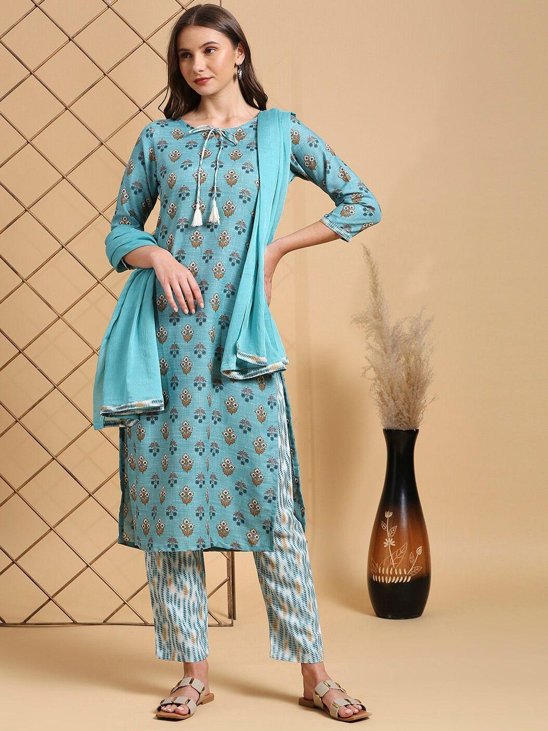 kalini ethnic motifs printed straight kurta with trousers & dupatta