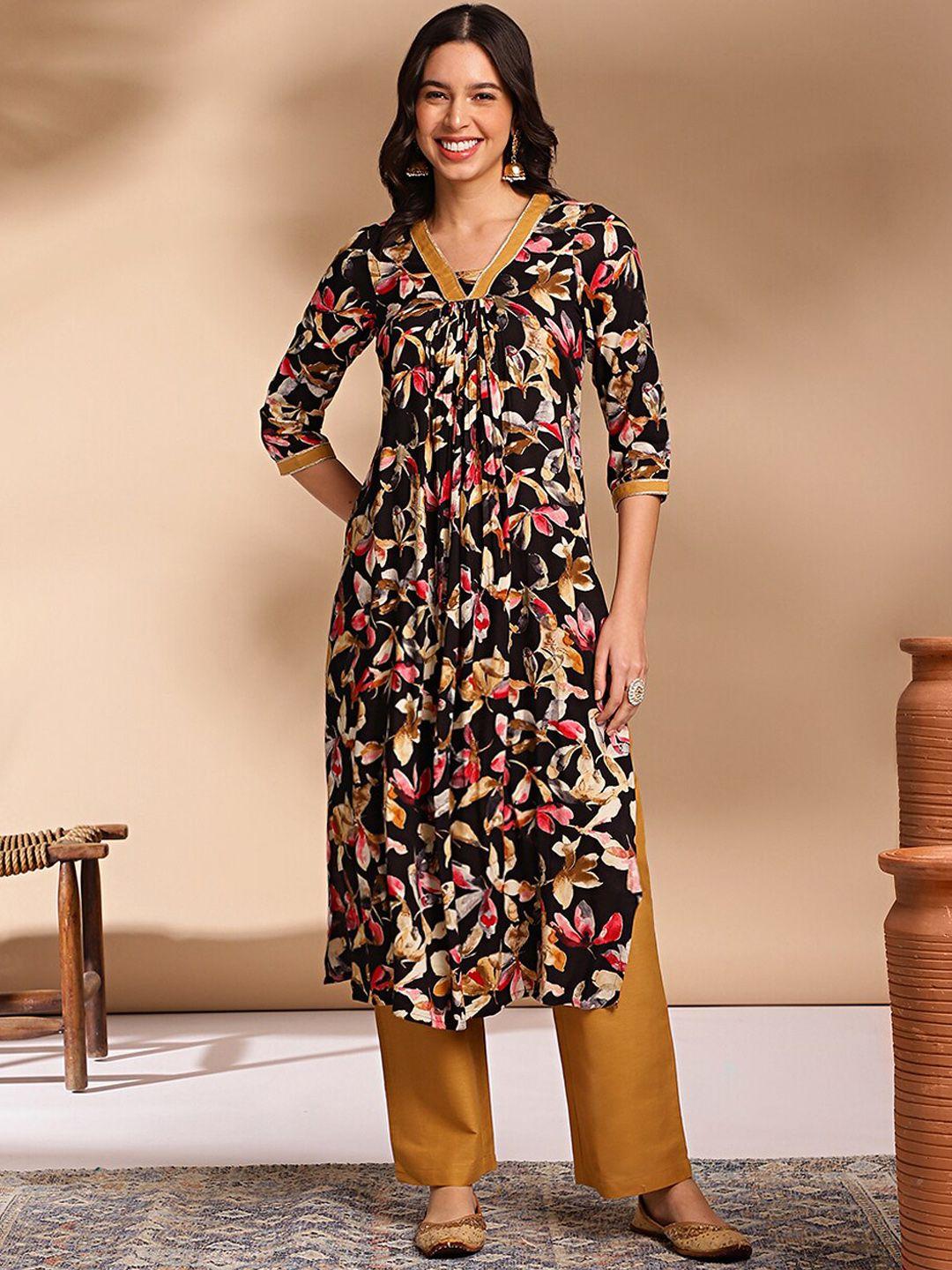 anouk women floral printed pleated kurta with palazzos