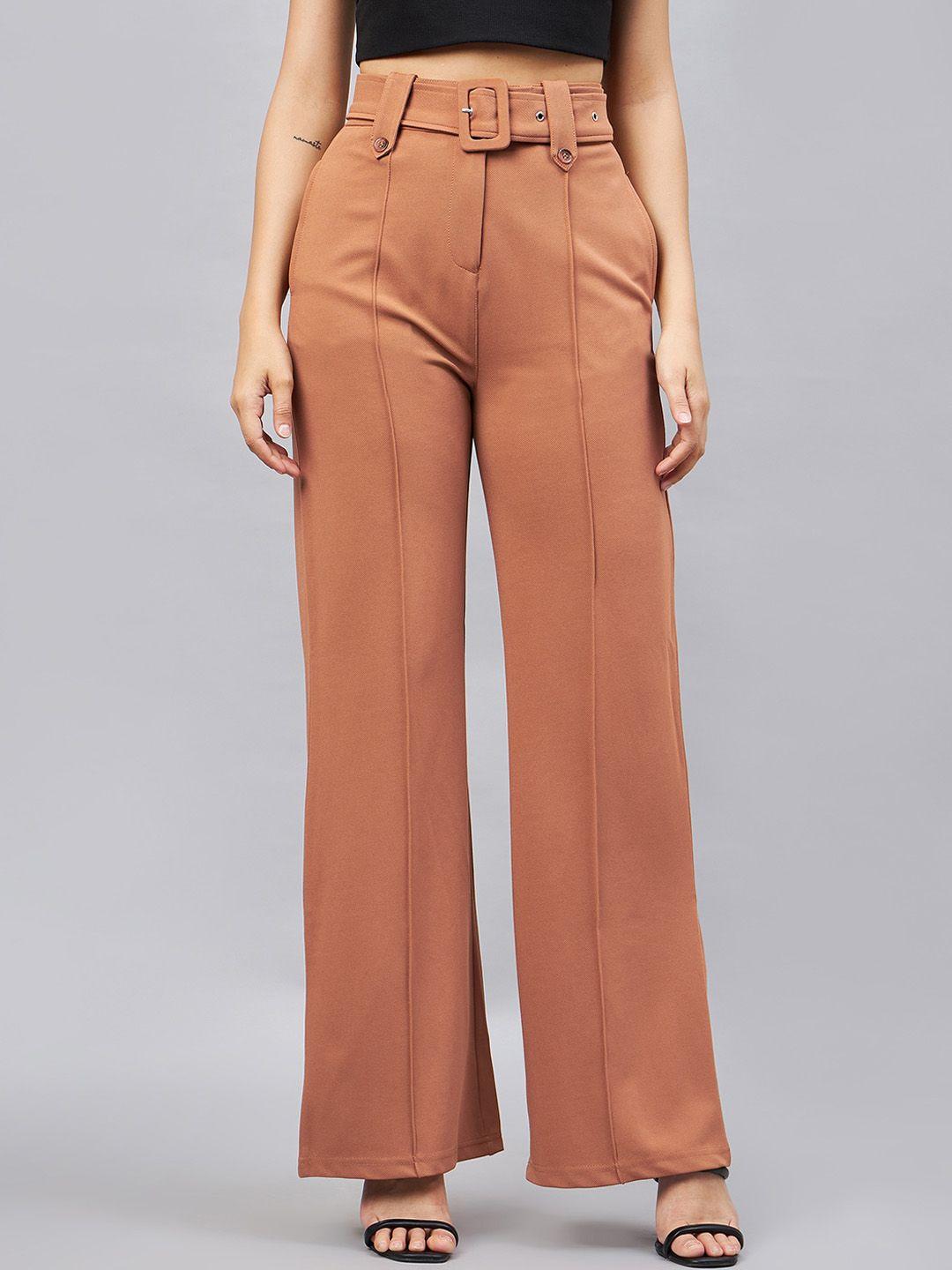 orchid hues women flared high-rise pleated parallel trousers with belt