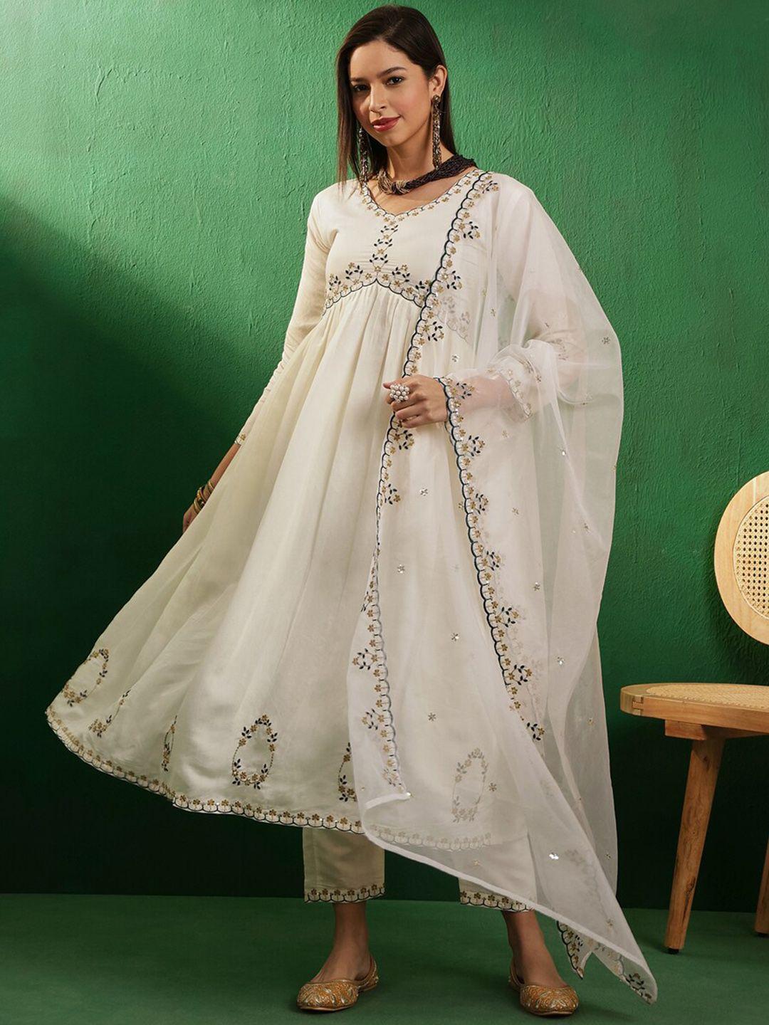 sangria off white floral embroidered flared a line kurta set