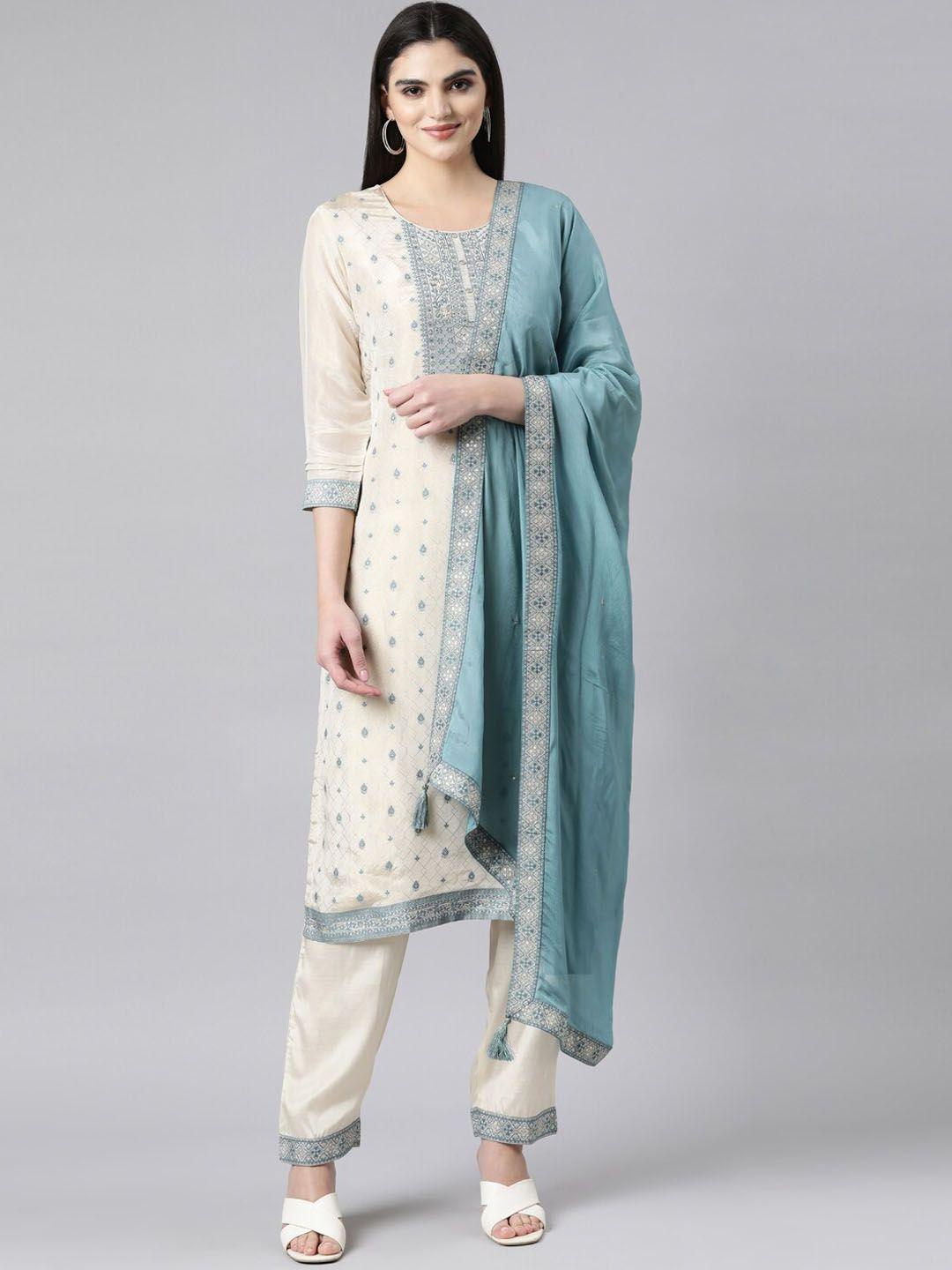 neerus floral yoke design thread work straight kurta with trousers & with dupatta