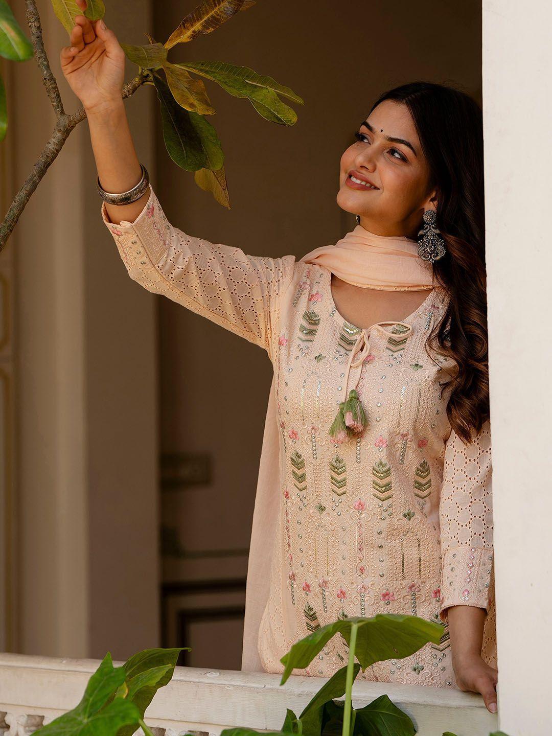 anouk cream floral embroidered panelled pure cotton kurta with trousers & dupatta