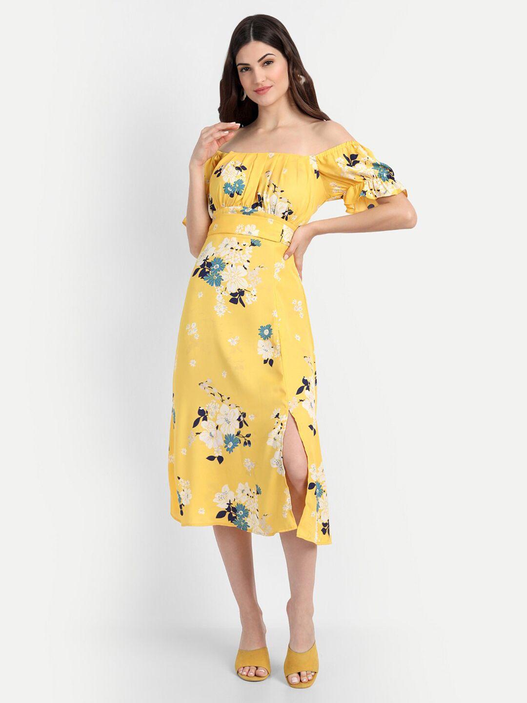 belavine floral print off-shoulder puff sleeve fit & flare midi dress