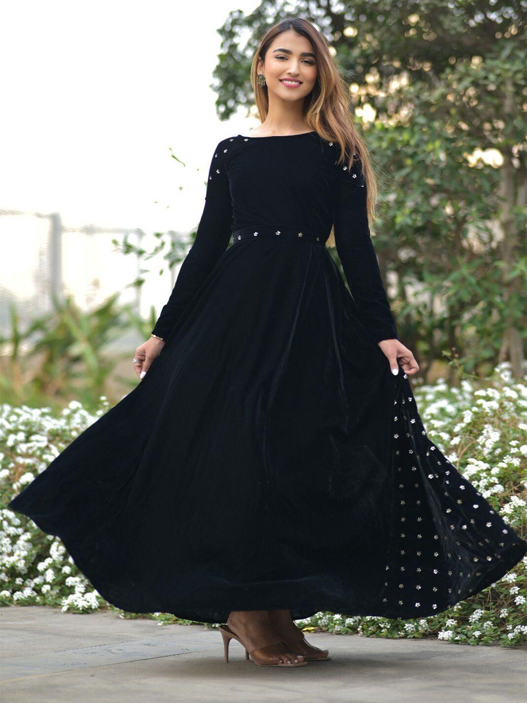 vinya floral embellished velvet maxi fit & flare dress