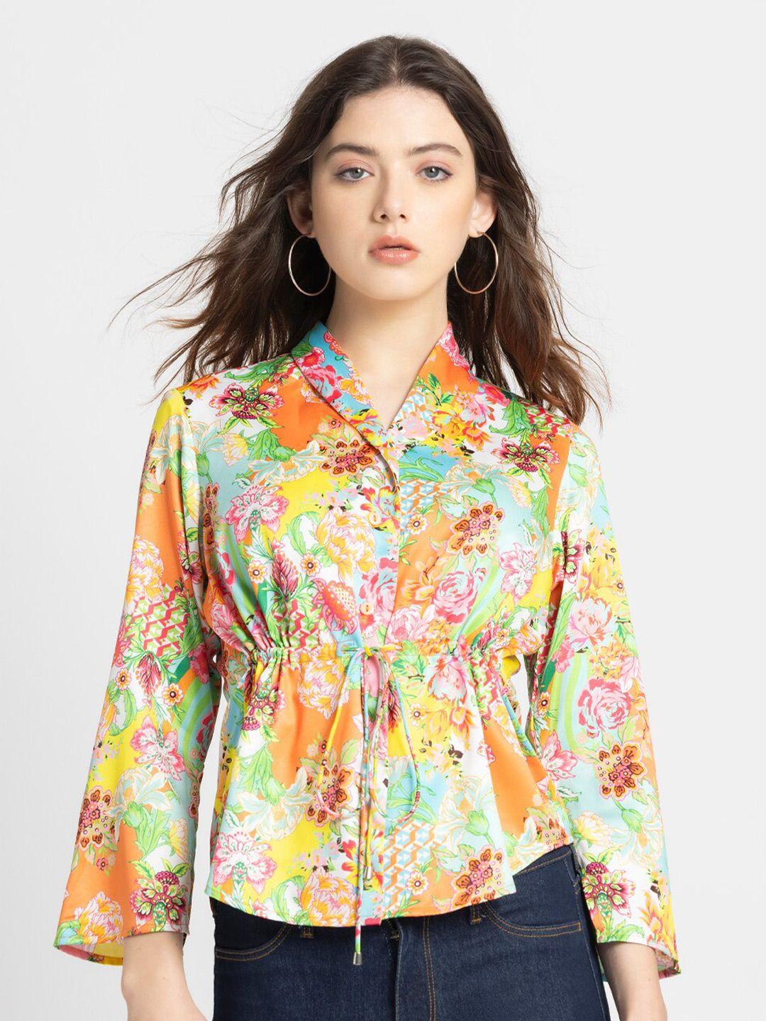 shaye smart floral shawl collar three-quarter sleeves opaque printed casual shirt