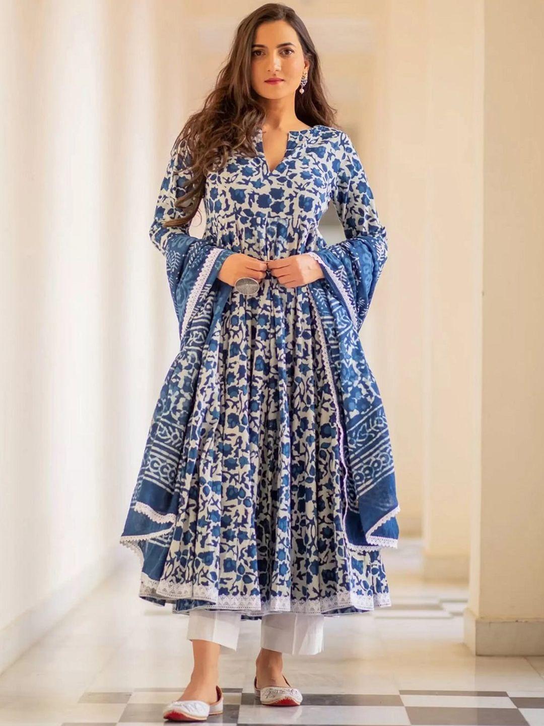 baesd floral printed empire anarkali kurta with trousers & dupatta