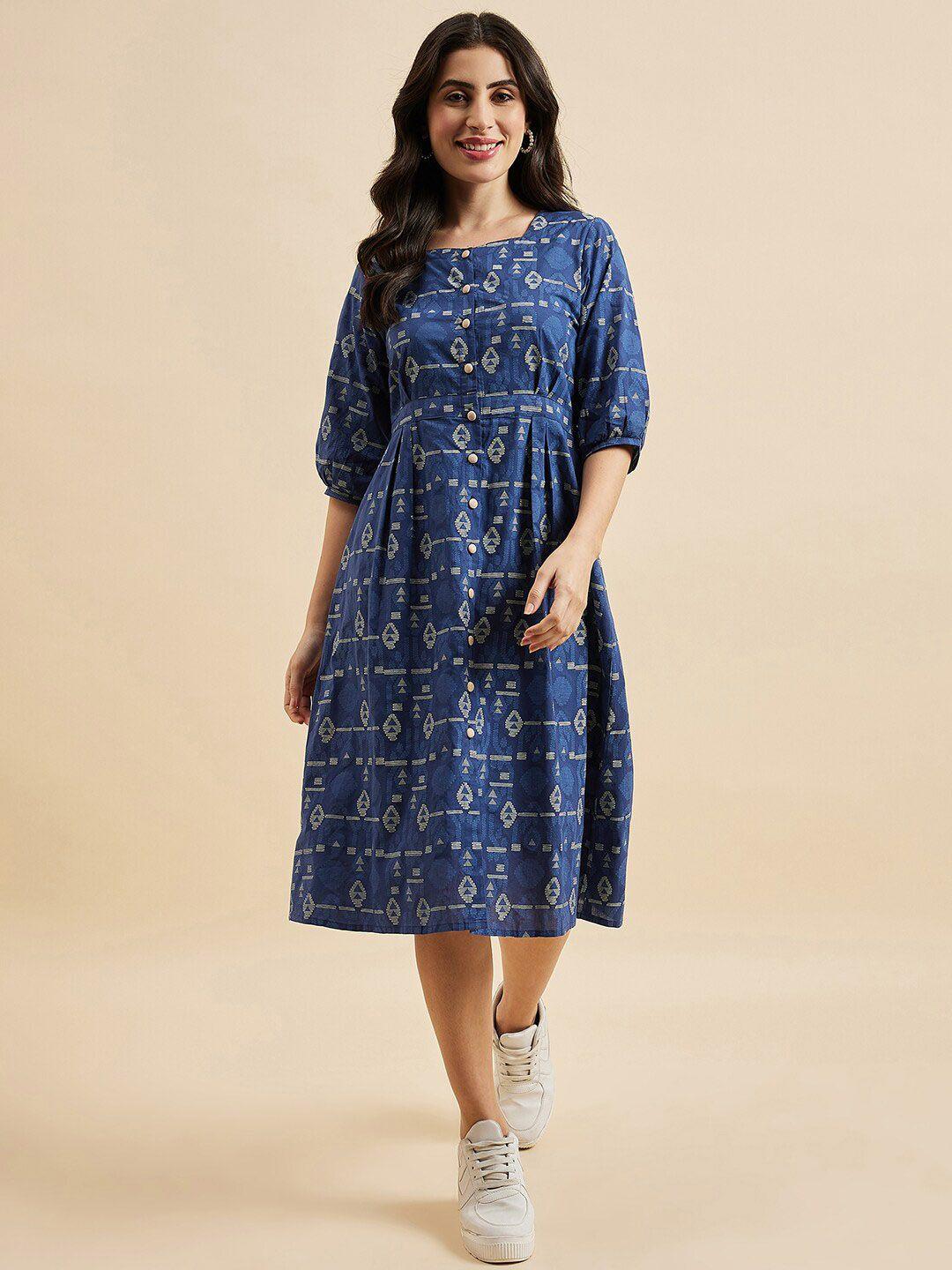 azira abstract print square neck three-quarter sleeves a-line midi dress