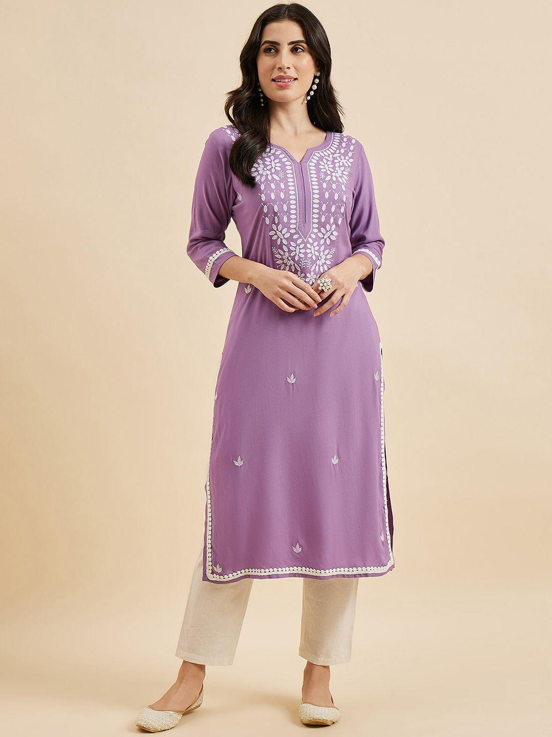 azira floral embroidered round neck thread work straight kurta