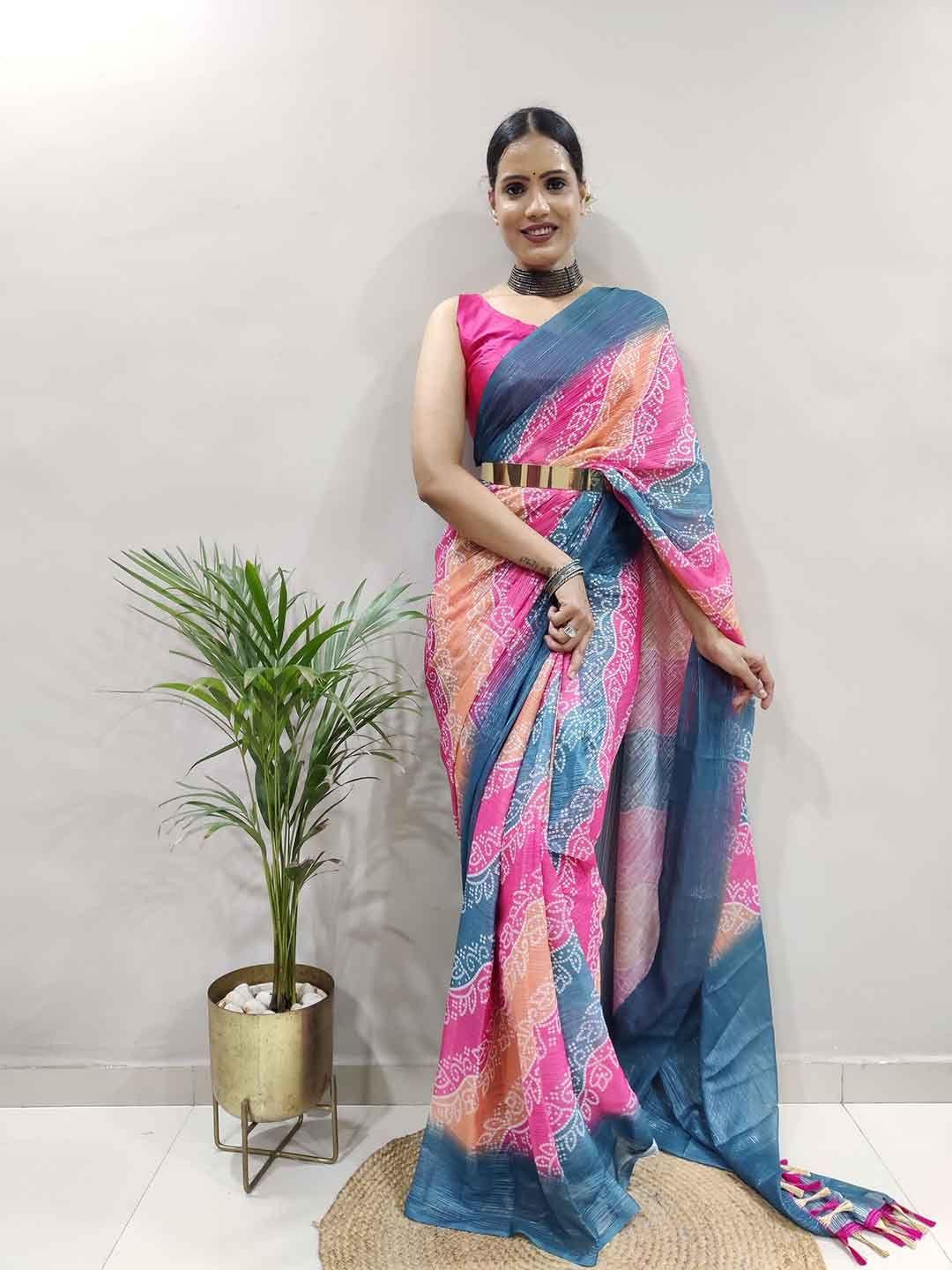 teeya creation bandhani printed ready to wear saree with tassels