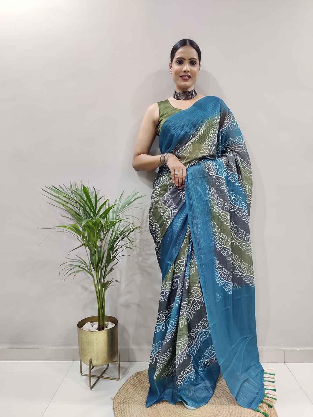 teeya creation bandhani printed ready to wear saree with tassels