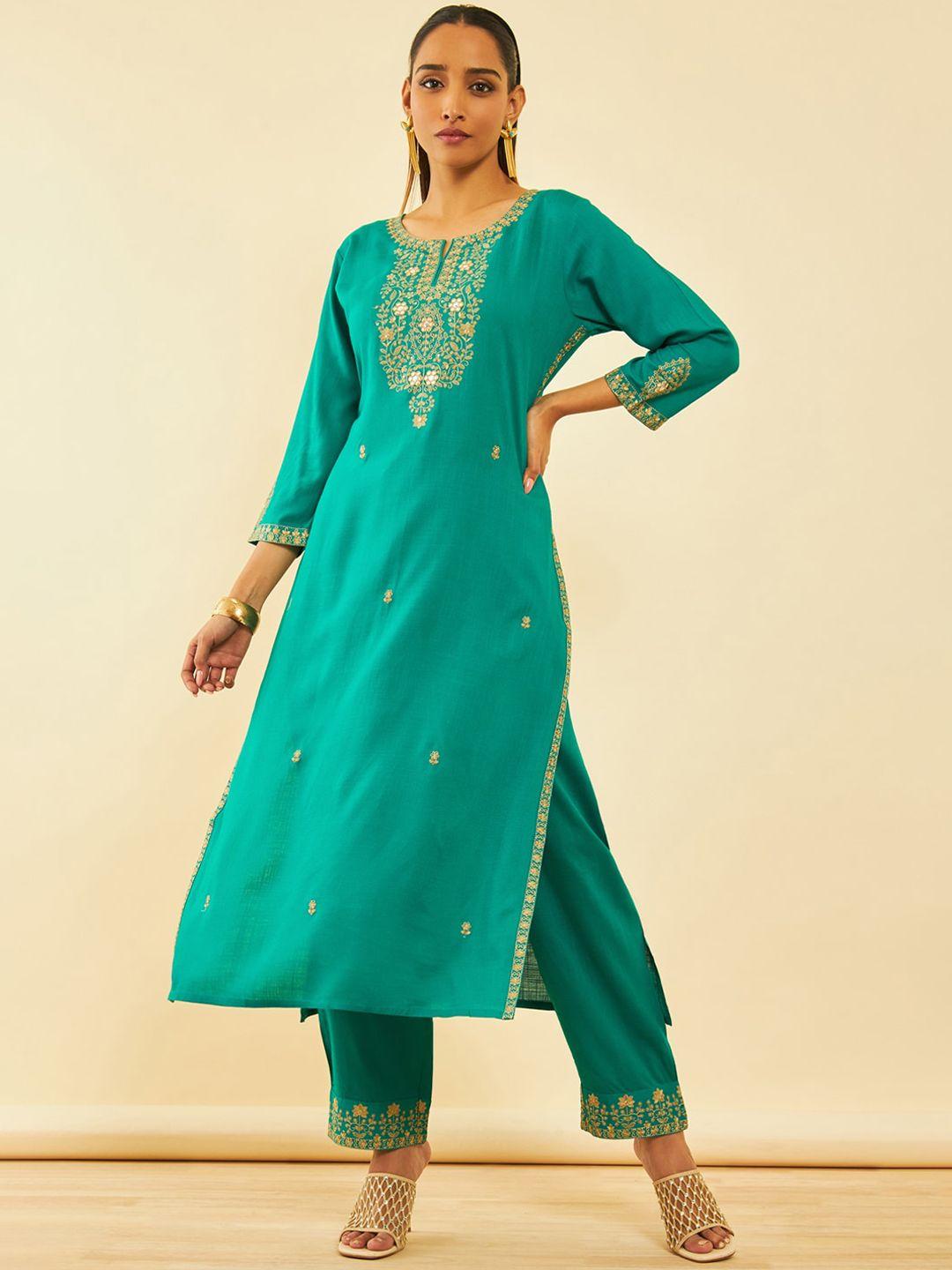 soch ethnic motifs embroidered regular mirror work kurta with trouser