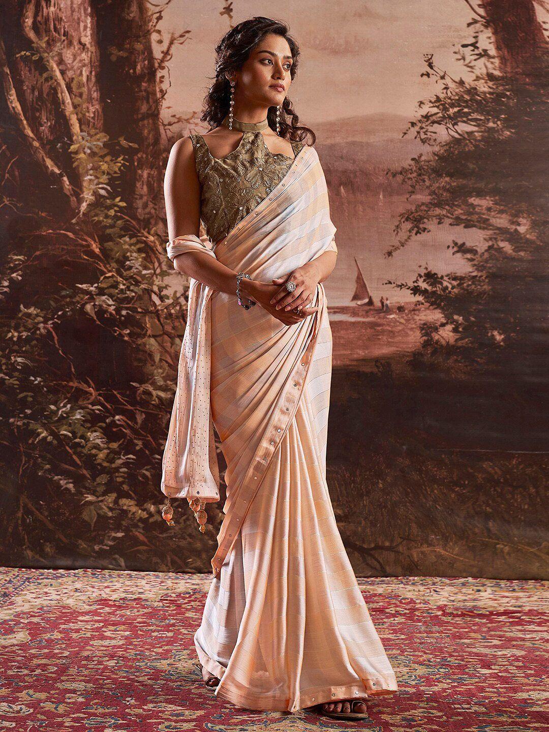 mitera striped mirror work poly chiffon saree