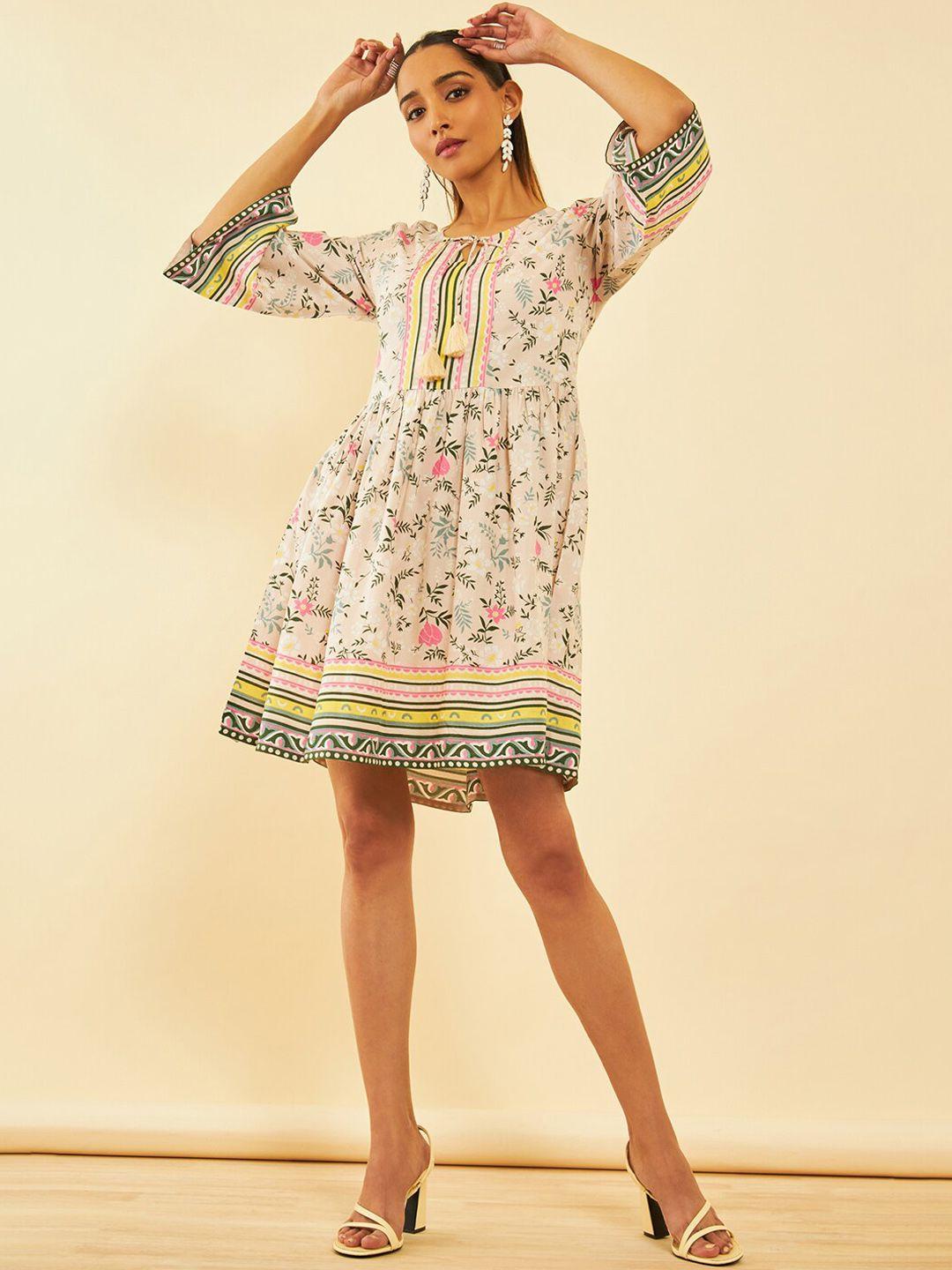 soch floral printed a-line tie up neck ethnic dress