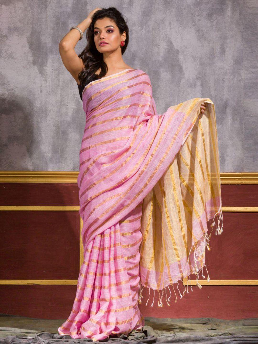 angoshobha striped zari pure linen saree