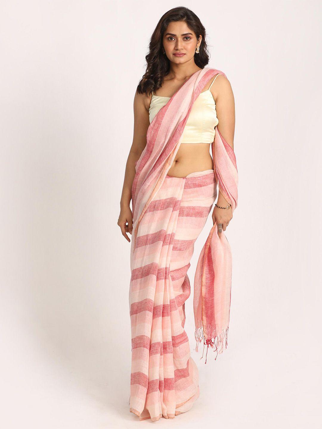 angoshobha striped pure linen handloom saree