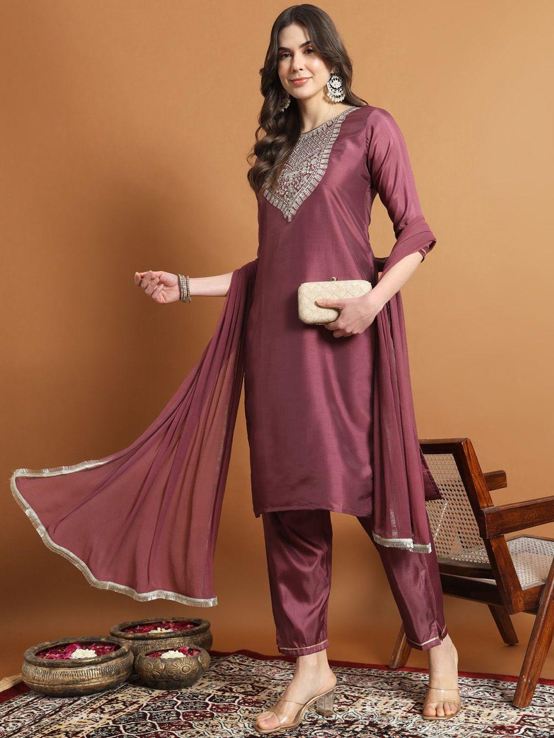 vredevogel ethnic motifs yoke design thread work straight kurta with trousers & dupatta