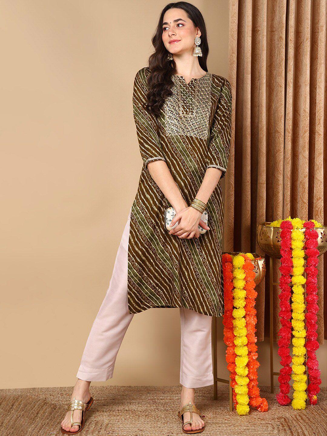 kalini striped round neck three-quarter sleeves mirror work kurta