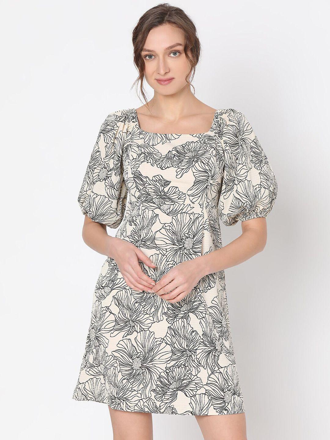 vero moda floral printed square neck puffed sleeves smocked a-line dress