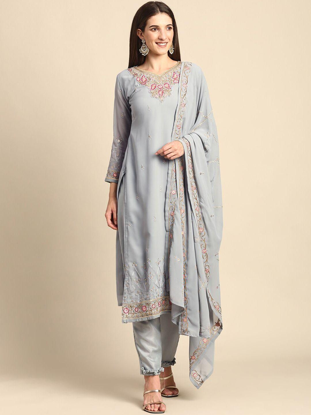 kalini floral embroidered regular silk georgette kurta with trousers & dupatta