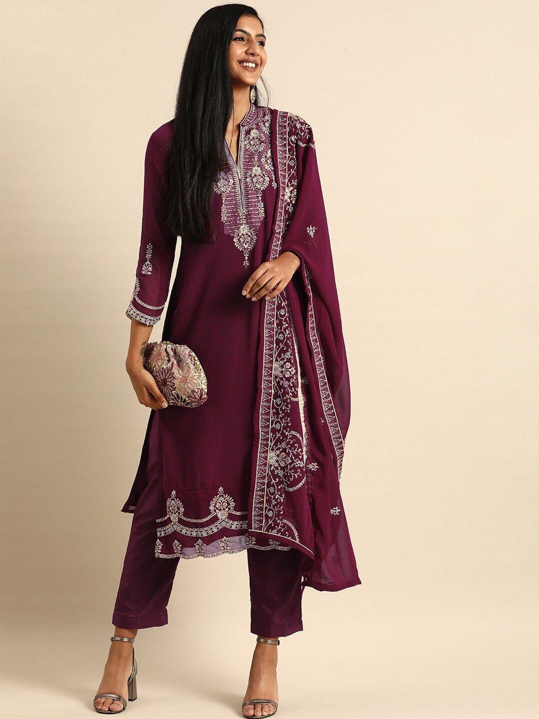 kalini women ethnic motifs embroidered regular silk georgette kurta with trousers & with dupatta