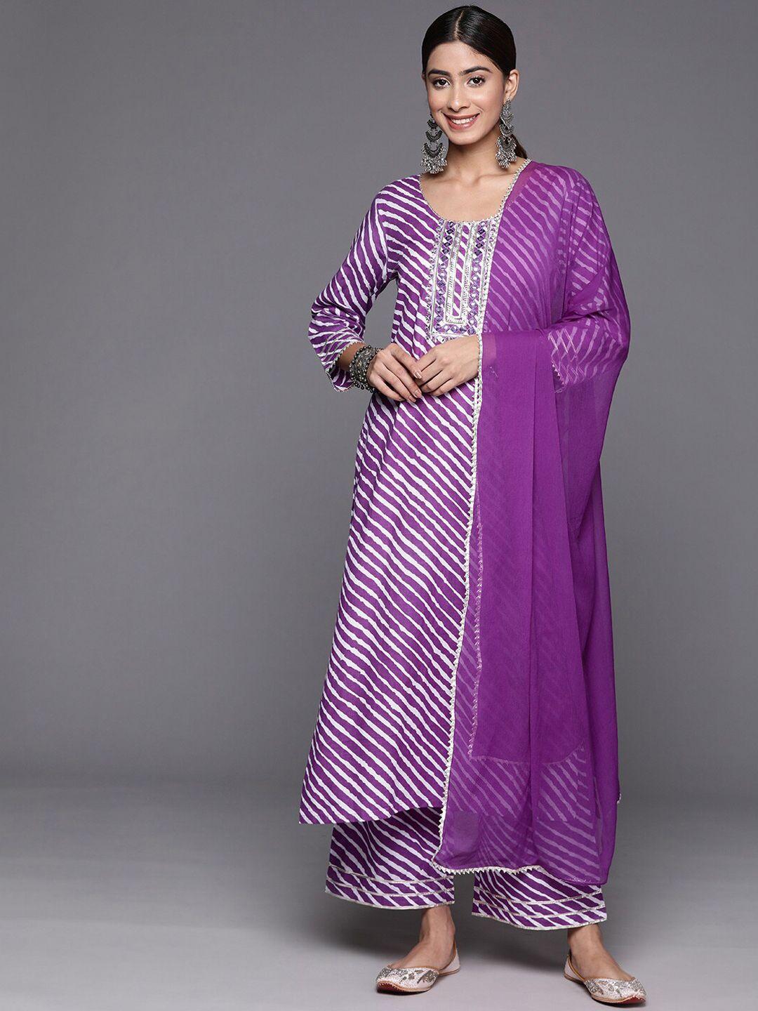 kalini women leheriya printed regular mirror work pure cotton kurta with trousers & with dupatta