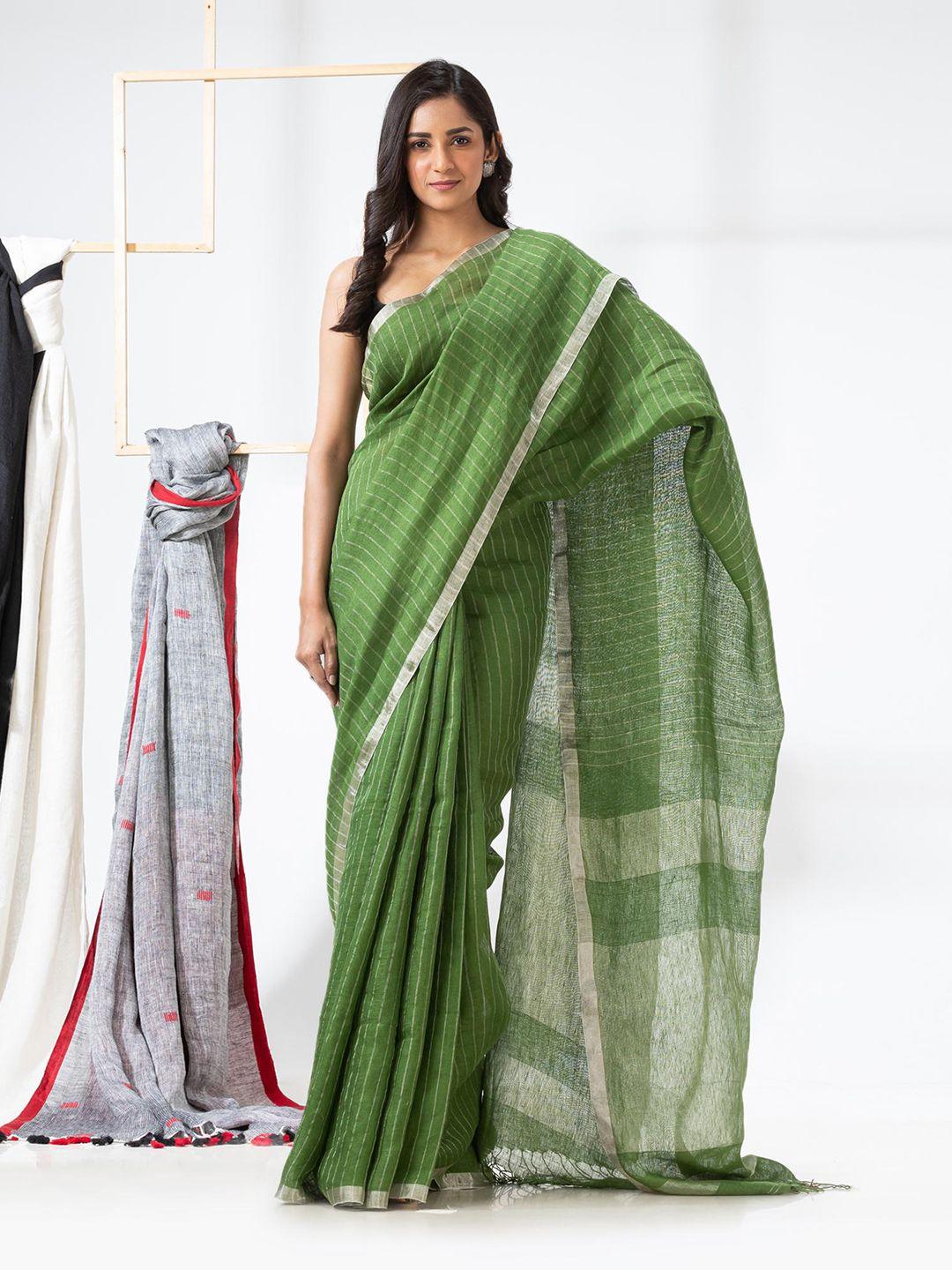 angoshobha striped zari pure linen handloom saree