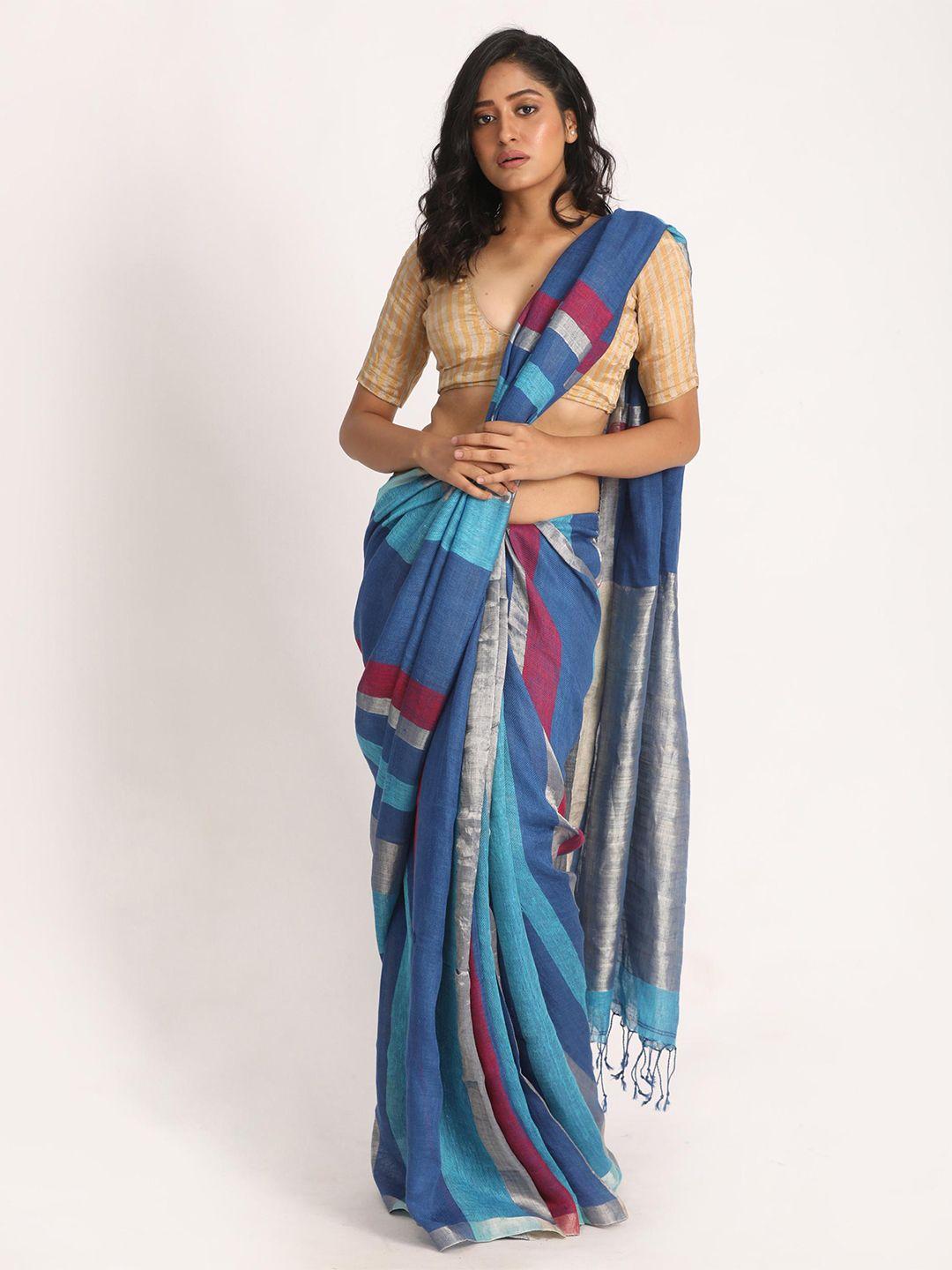 angoshobha striped pure linen saree