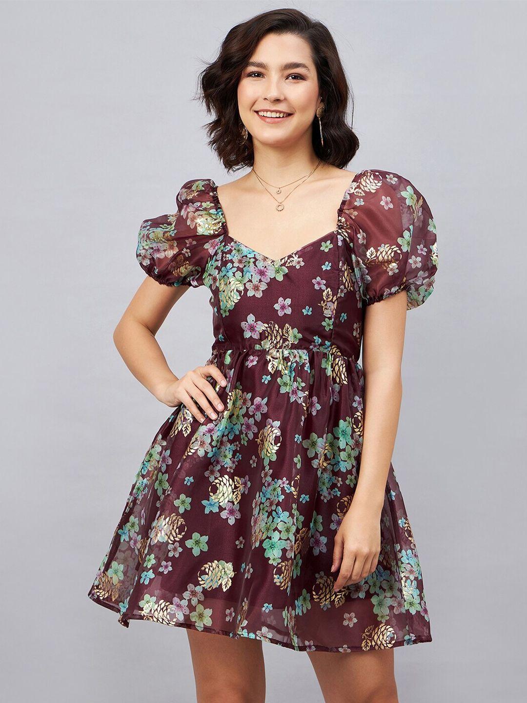 orchid hues floral print puff sleeve fit & flare dress