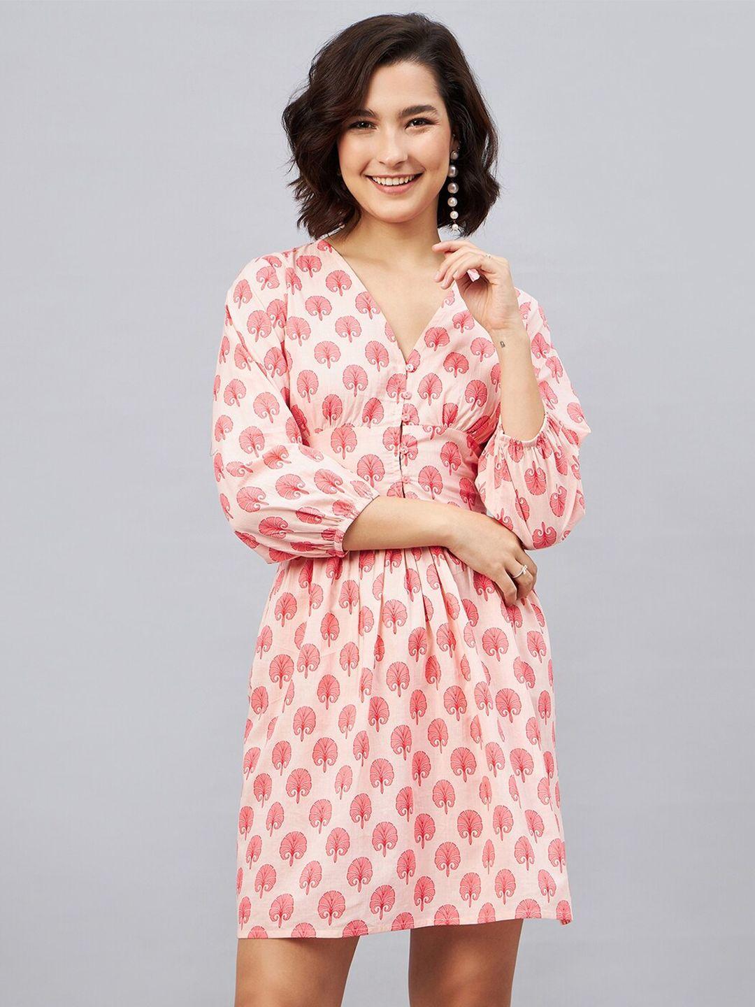 orchid hues ethnic motifs print v-neck puff sleeve a-line dress