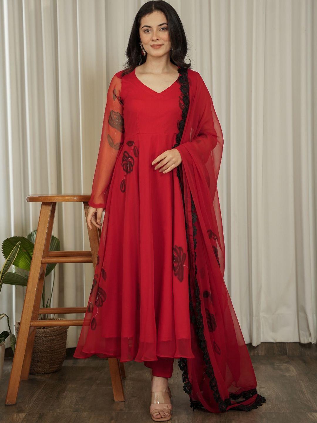 onewe women floral printed empire silk chiffon kurta with trousers & with dupatta