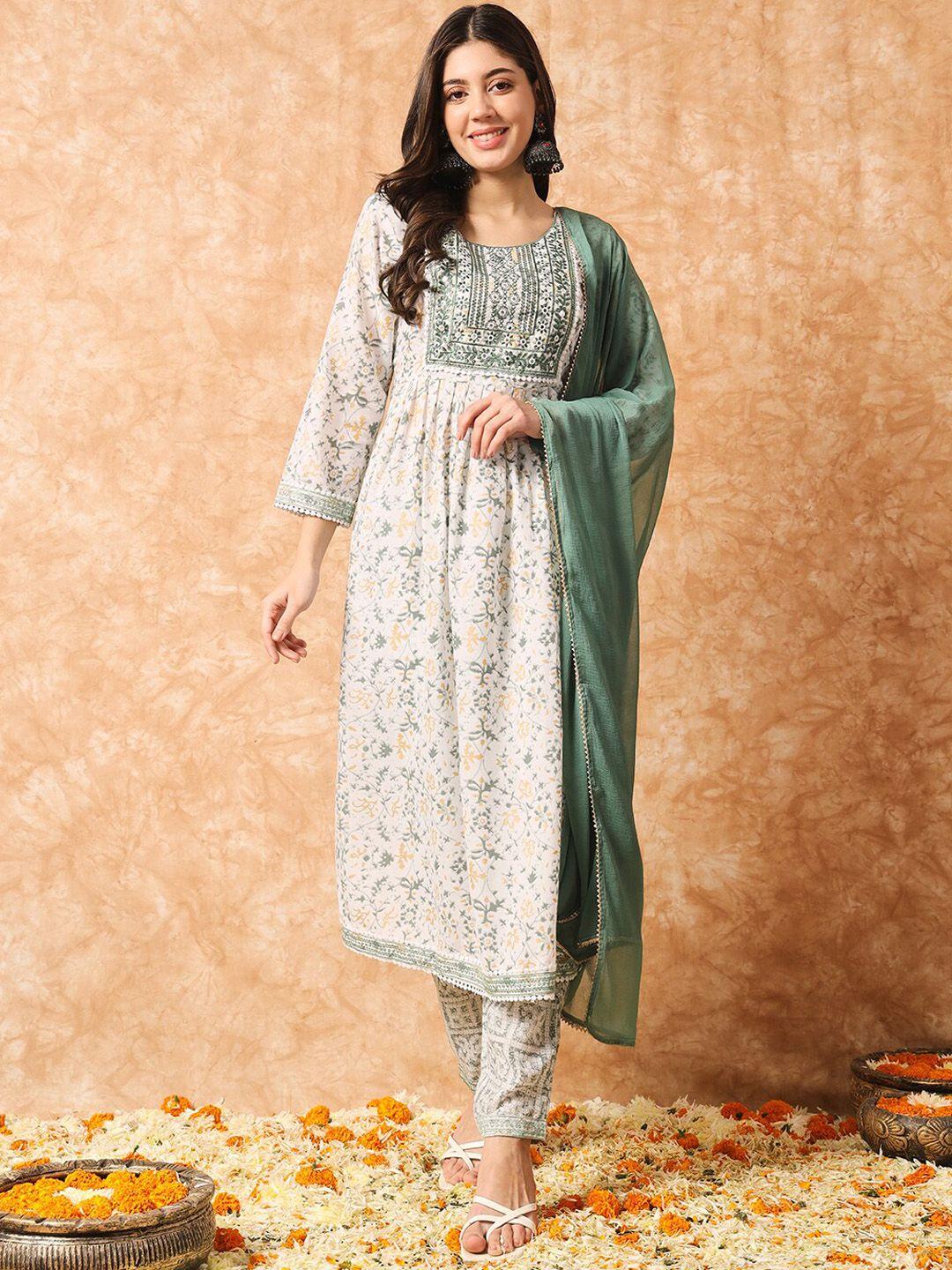 kalini women floral printed empire sequinned pure cotton kurta with trousers & with dupatta