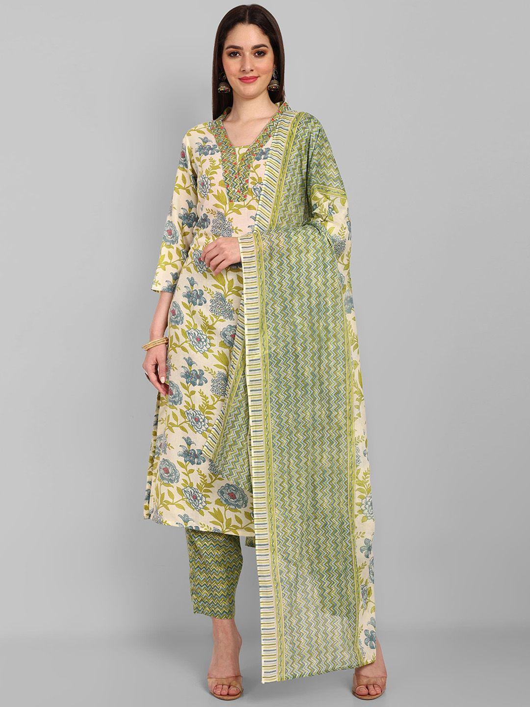 canibani women floral printed regular pure cotton kurta with trousers & with dupatta